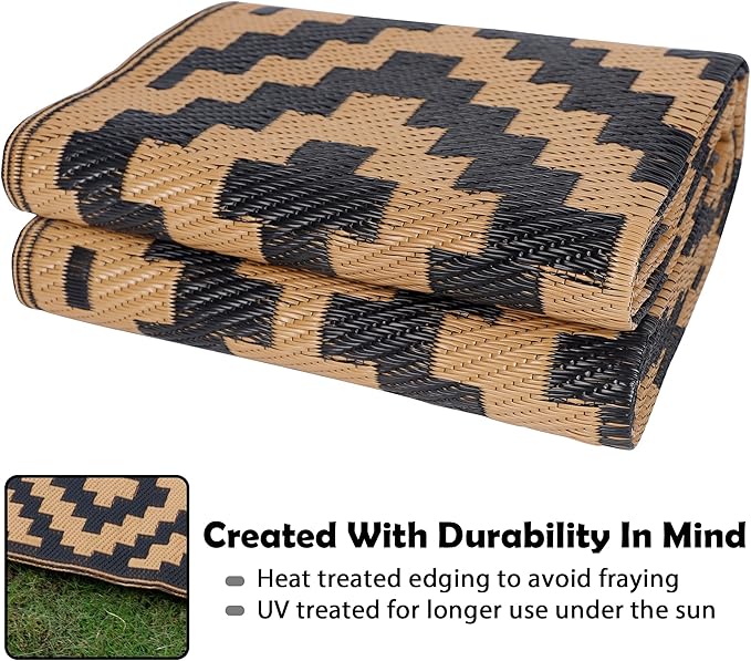 SAND MINE Reversible Mats, Plastic Straw Rug, Modern Area Rug, Large Floor Mat and Rug for Outdoors, RV, Patio, Backyard, Deck, Picnic, Beach, Trailer, Camping, Black & Brown, 5' x 8'