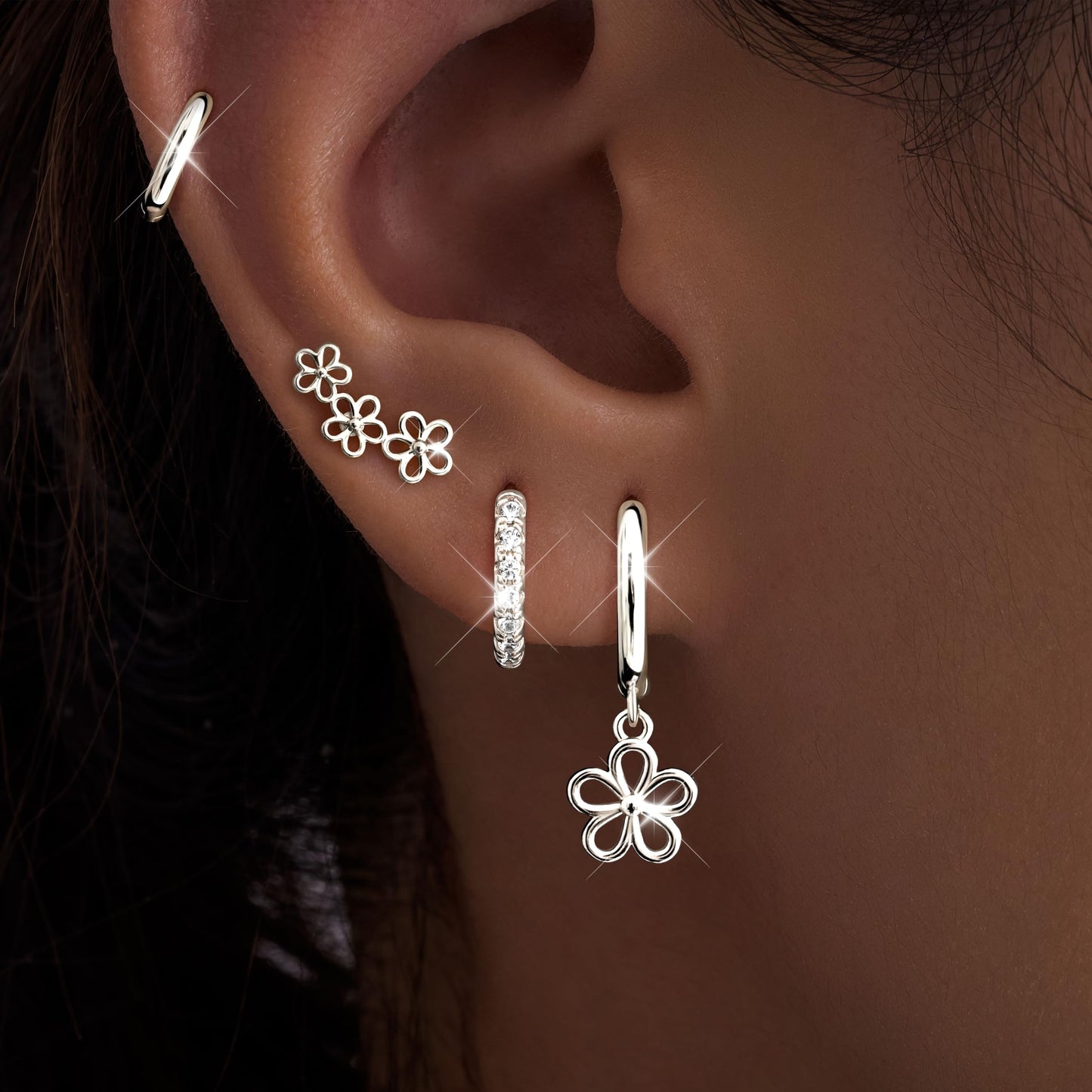Flower Earrings for Women,Huggie Small Stack Cartilage Stud Hoop Silver Earring Sets for Multiple Double Piercing, Conch Helix Rook Tragus Daith Piercing Silver Clip On Jewelry Set Gifts