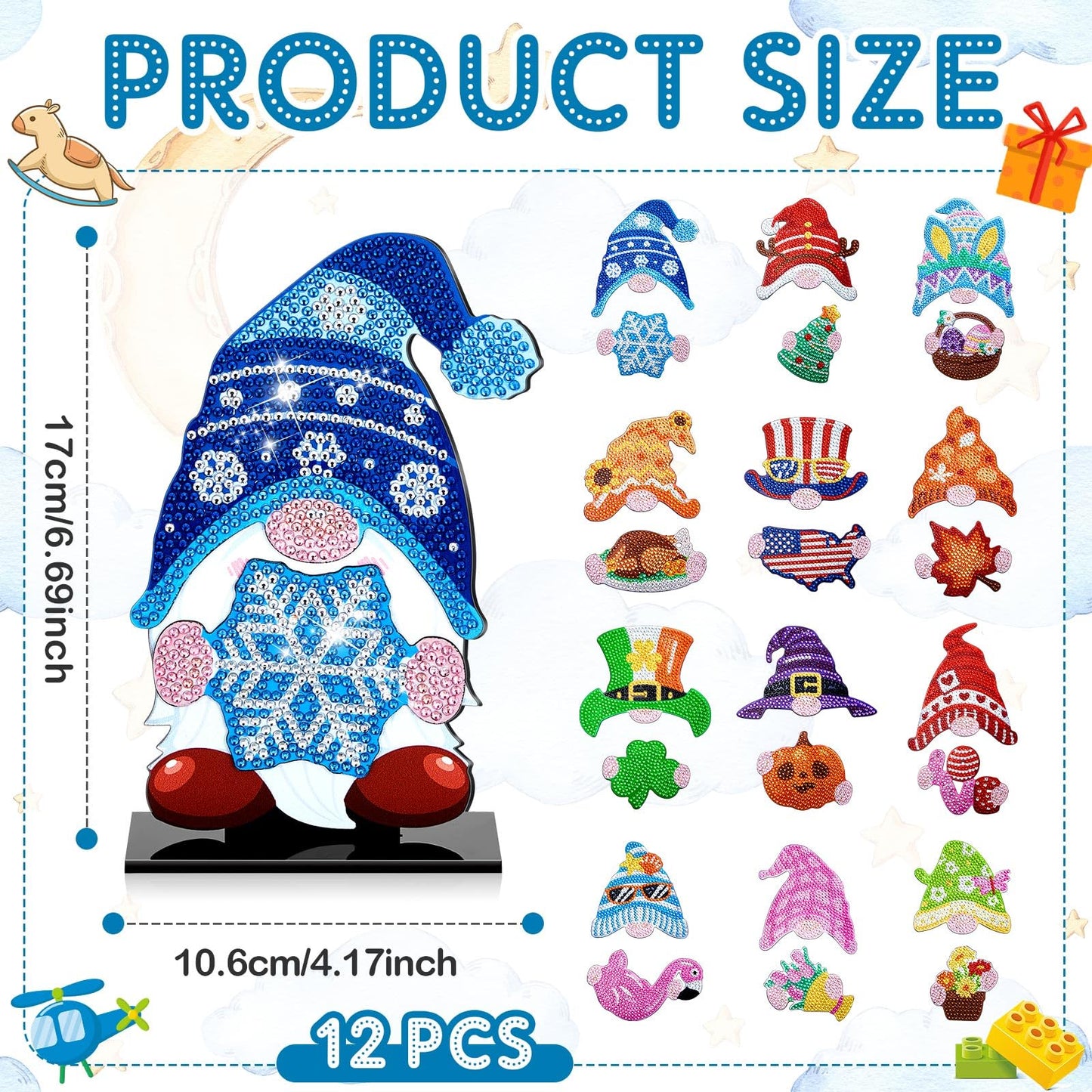 Menkxi 24 Pcs Magnetic Diamond Painting Gnome Diamond Art Interchangeable Stand Decor DIY Holiday Seasonal Tiered Tray Decoration with Magnet Pieces Detachable for Office Home Summer Decorations
