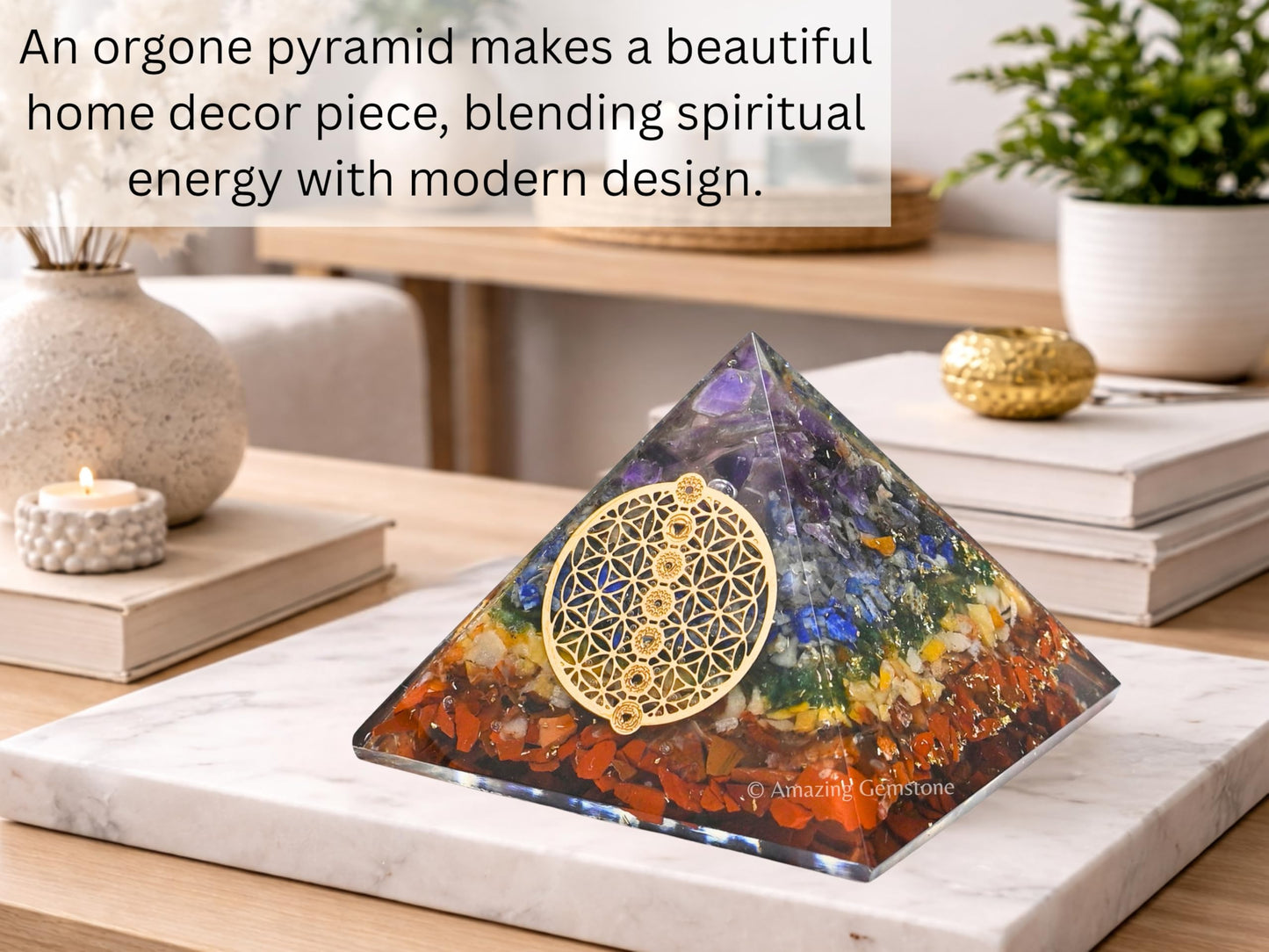 Amazing Gemstone Large Orgone Pyramid | Natural Chakra Pyramid Crystal | Chakra Flower of Life Orgonite Pyramid | Organ Pyramids Positive Energy Healing