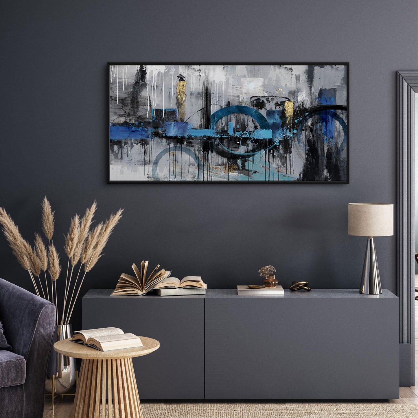 KLAKLA Abstract Wall Art - Blue and Gray Pictures Canvas Artwork for Living Room Bedroom Horizontal Black Framed Above Bed Wall Decor - 20x40