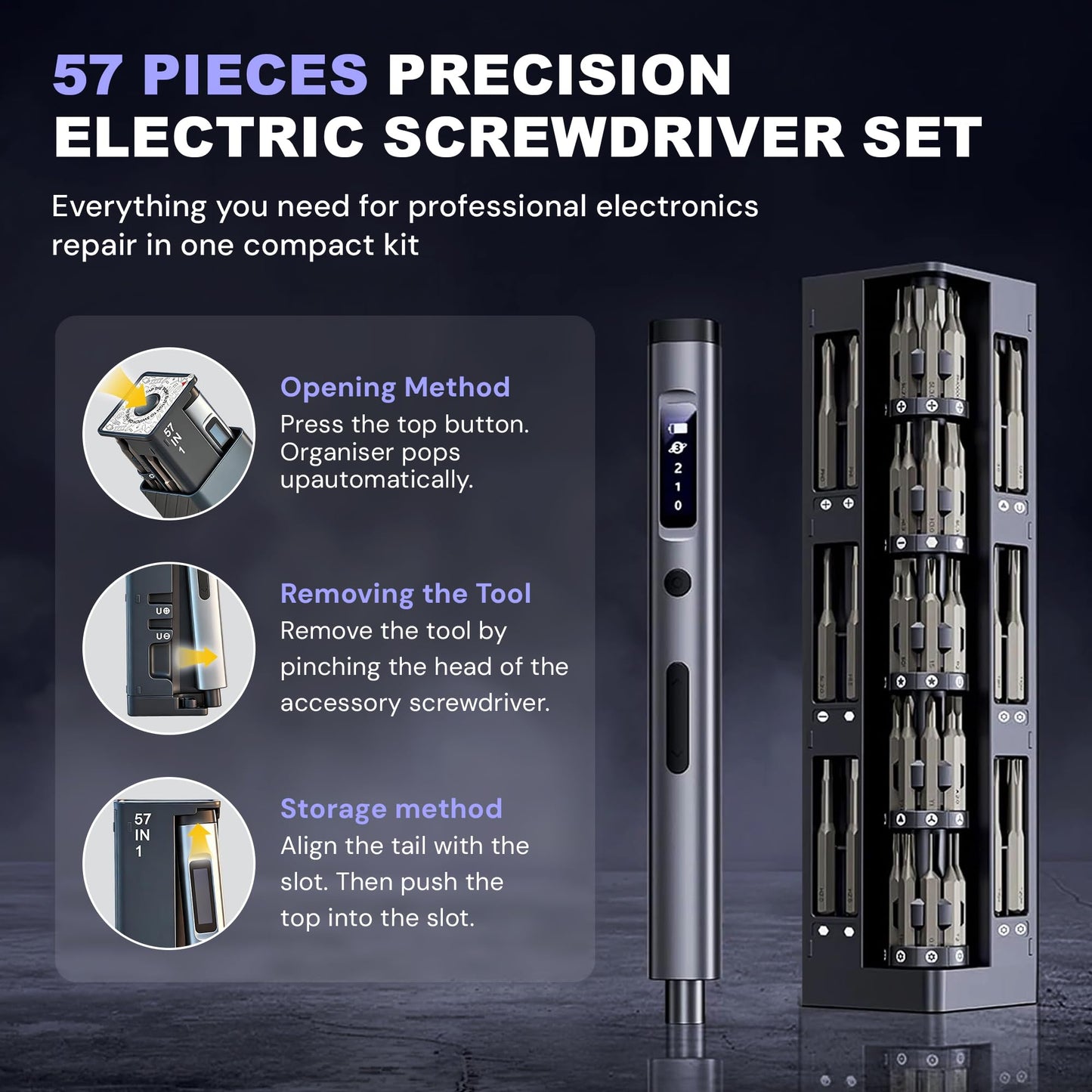 MILENTII 57-in-1 Precision Electric Screwdriver Set, Mini Rechargeable Magnetic Screwdriver with OLED Display, 3 Torque Settings, Electronics Repair Tool Kit for Phone, Laptop, PC, Console