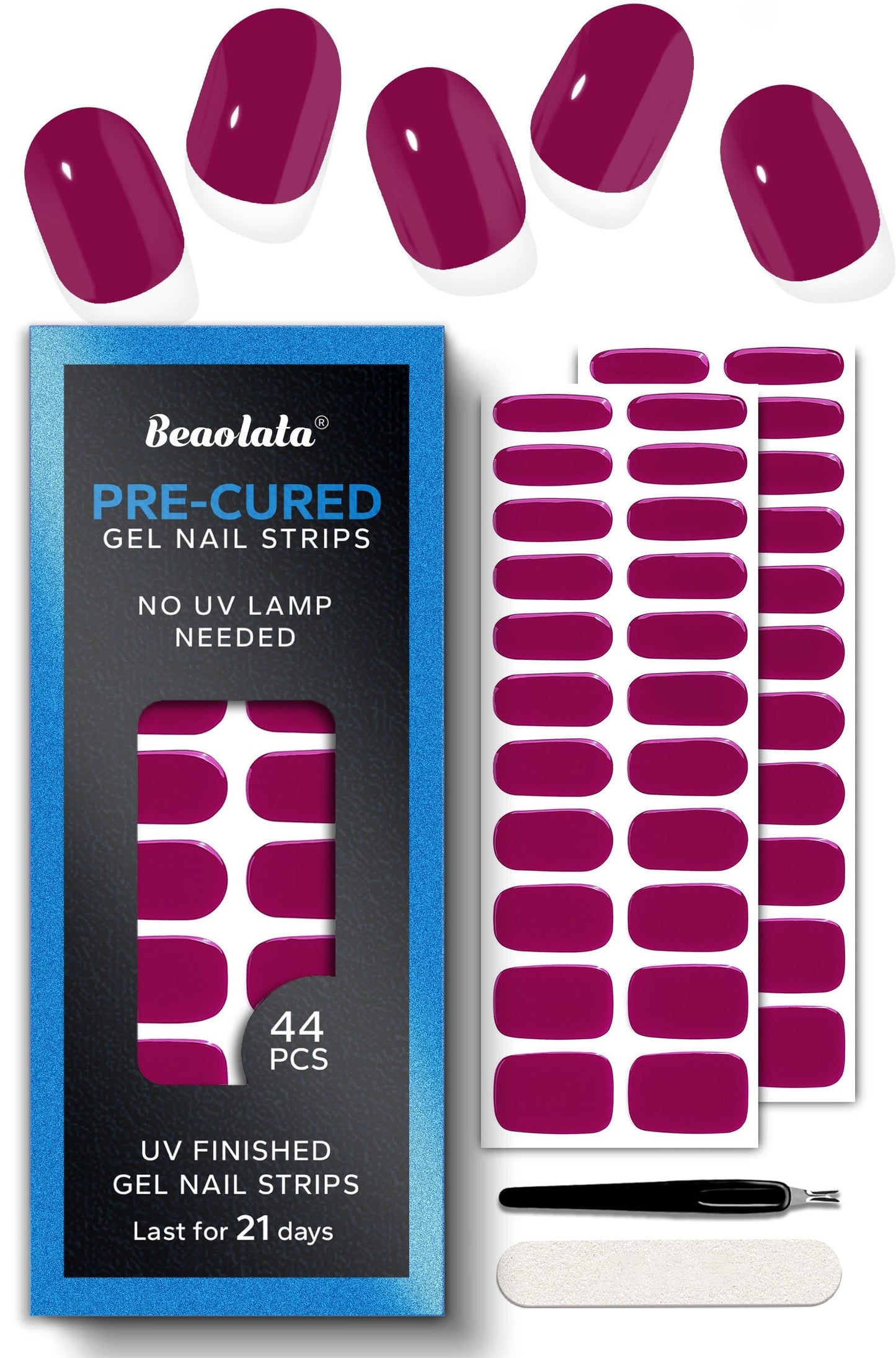 Beaolata Real Gel Nail Strips (No UV Light Needed) - 44Pcs Salon Quality Nail Stickers - Long Lasting Polish Wraps for Women, Easy Apply & Remove (Tropical Pink）