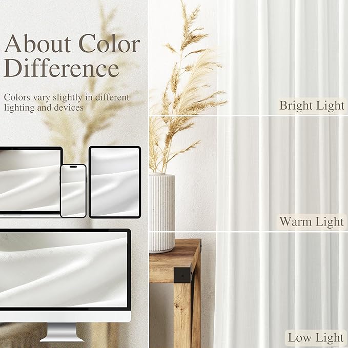 Nanspring Linen Curtains 84 inches Long 2 Panel Set,Off White - Back Tab Light Filtering Privacy Sheer Curtains Modern Farmhouse Coastal Decor White Cotton Textured Gauze Curtain for Living Room
