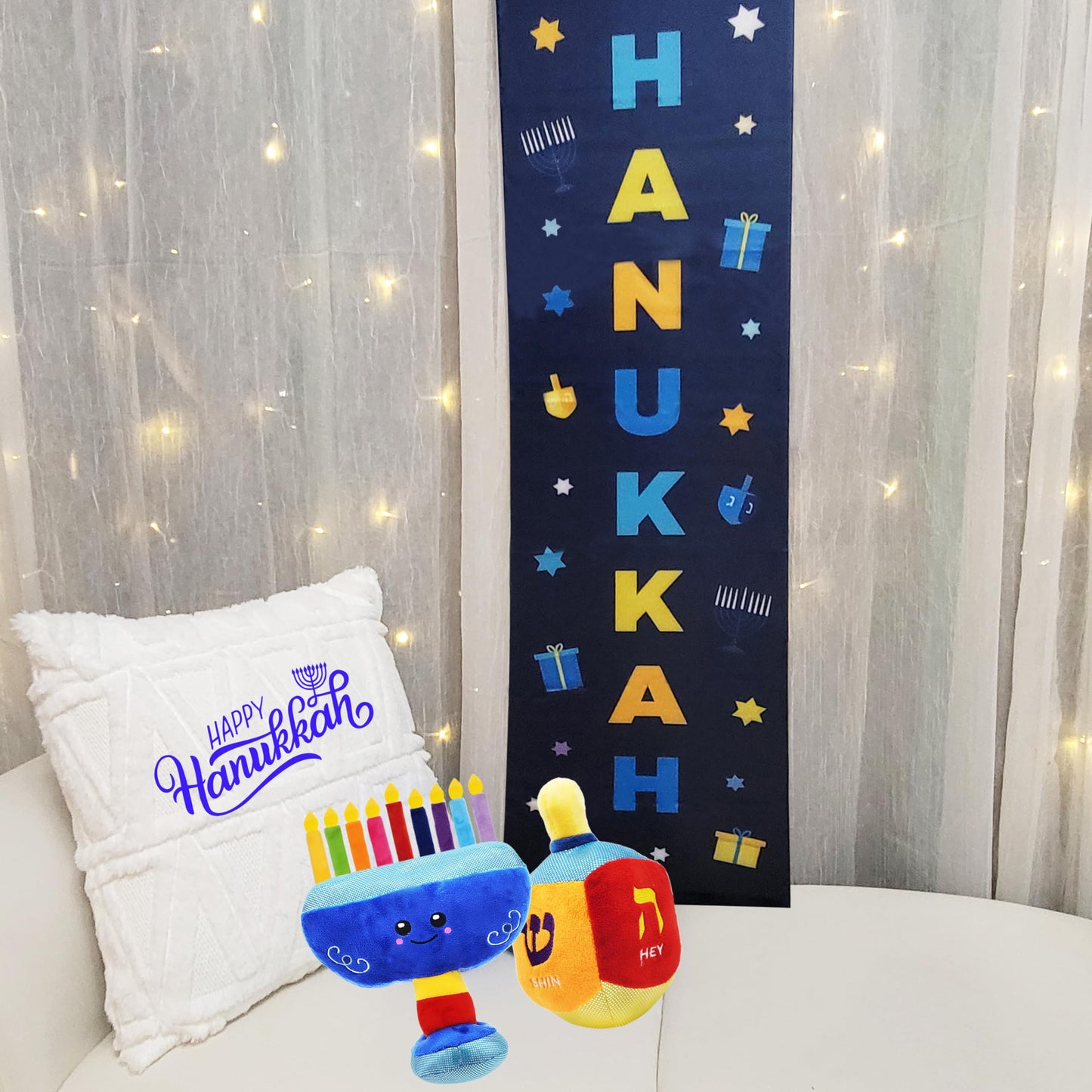 Plush Hanukkah Menorah & Plush Dreidel Toy Musical Menorah Plays 2 Classic Hanukkah Melodies Includes Removable Chanukah Candles & Candle Bag with Rattle Dreidel