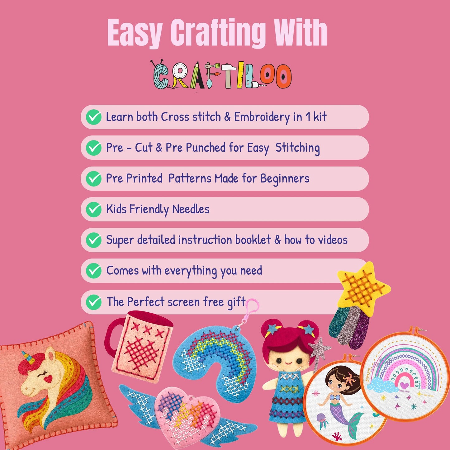 CRAFTILOO 2 in1 Cross Stitch & Embroidery Kit for Kids Ages 6+ Make 8 Projects Backpack Charms, Keyring, Doll, Wall Art, Unicorn Pillow & Card Holder Beginner Needlepoint & Creative Gift Set