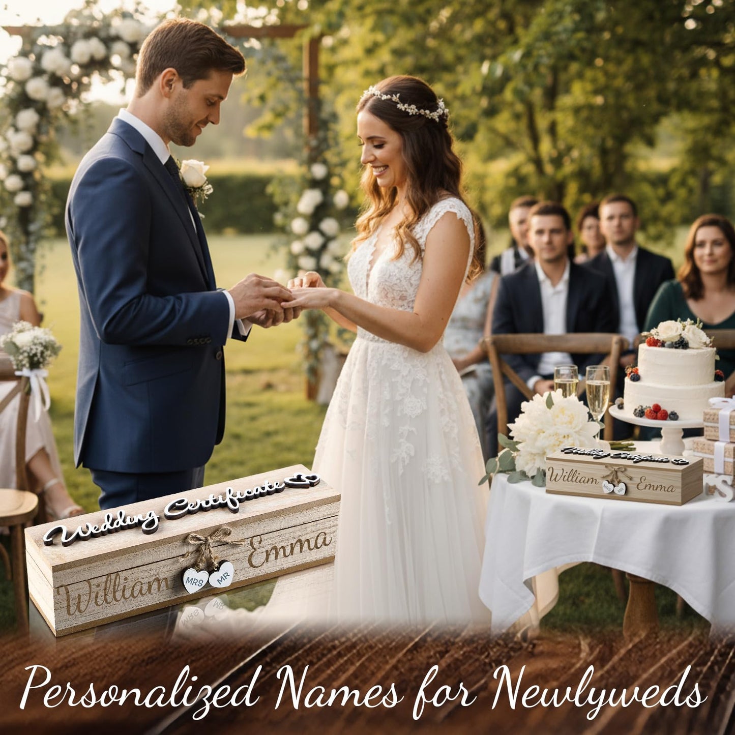 Thyle Mr & Mrs Wedding Certificate Holders Wooden Marriage License Keepsake Box with Bow and Magnetic Buckle Wedding Certificate Storage Box Gifts for Newlyweds Couples Gift(Natural Color)