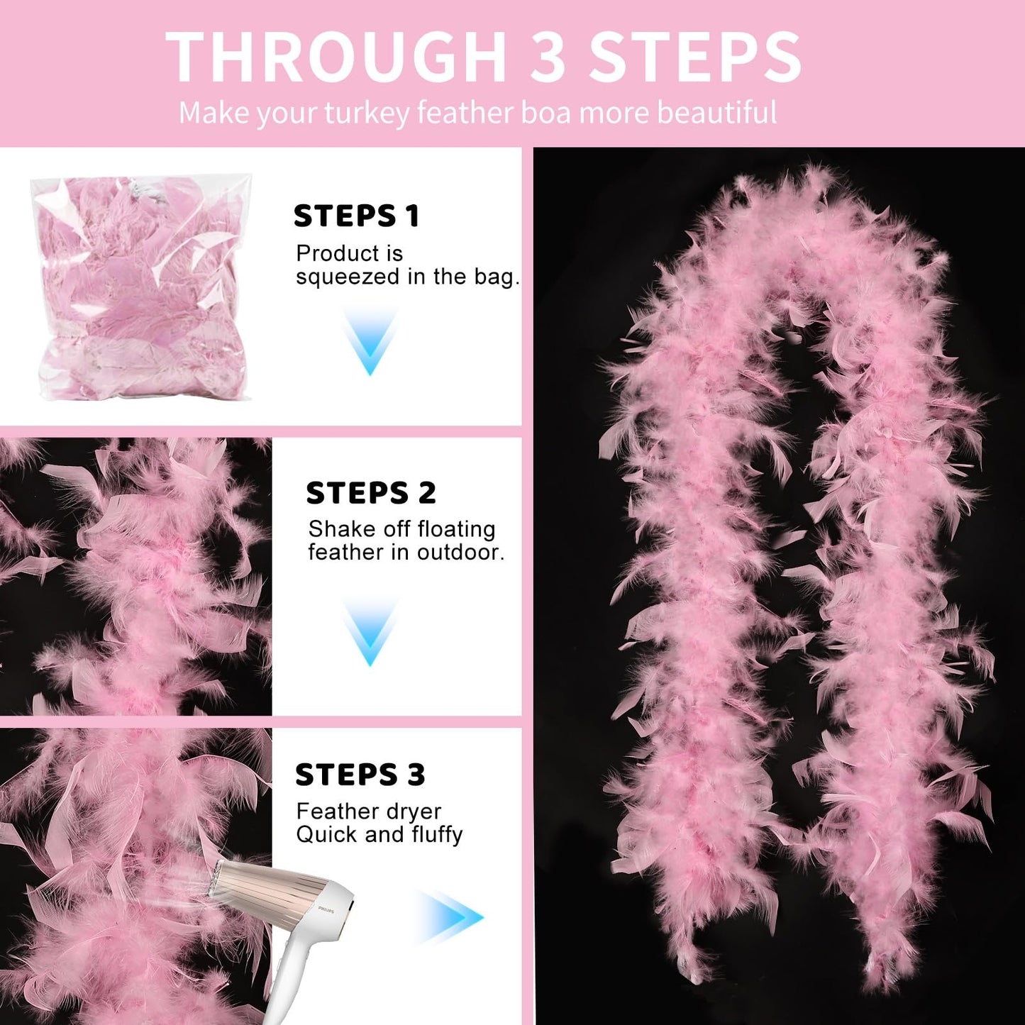 MehelloFeather Feather Boa 1.64Yards Turkey Feather Boa 30g for DIY Craft Wedding Party Halloween Costume Decoration(Pink)