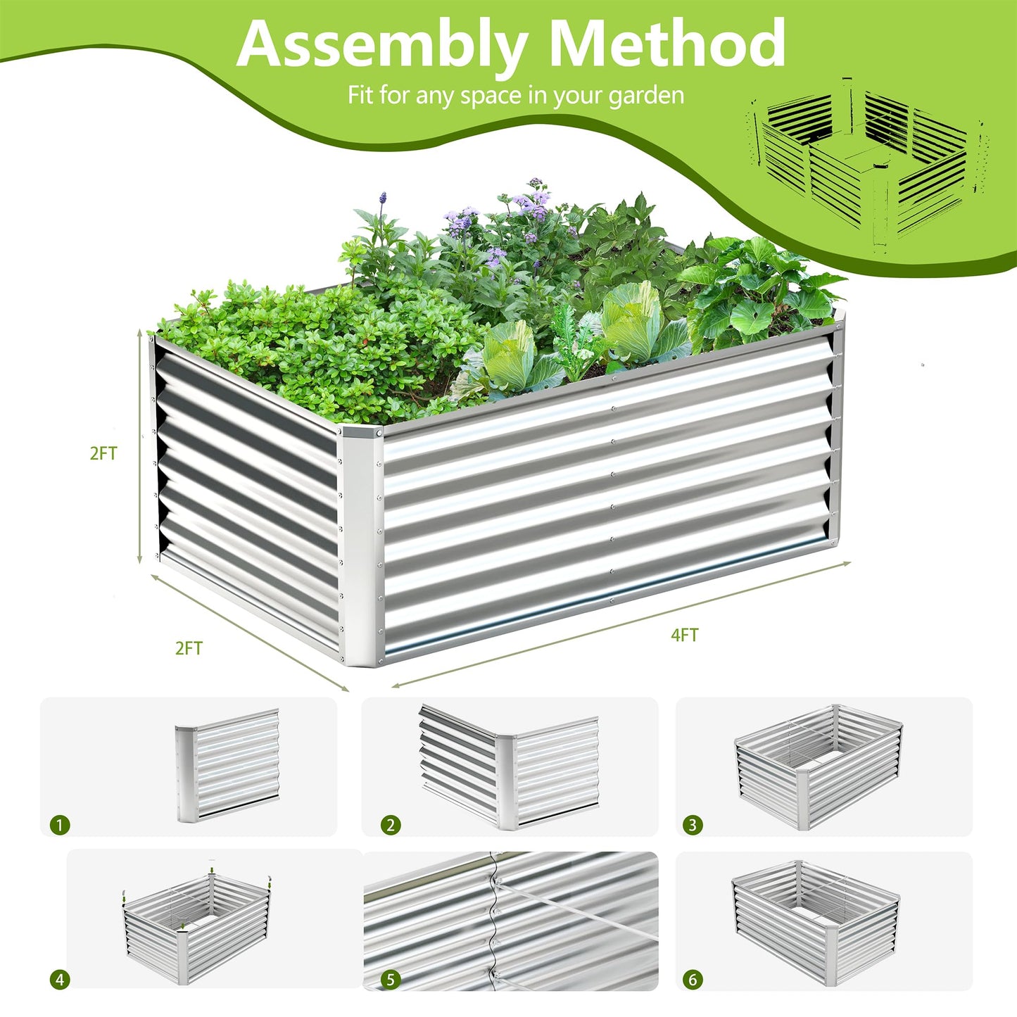 Ayen Guard 2PCS 4x2x2FT Galvanized Raised Garden Bed,Galvanized Planter Boxes Outdoor, Large Metal Raised Garden Beds for Vegetables-Silver