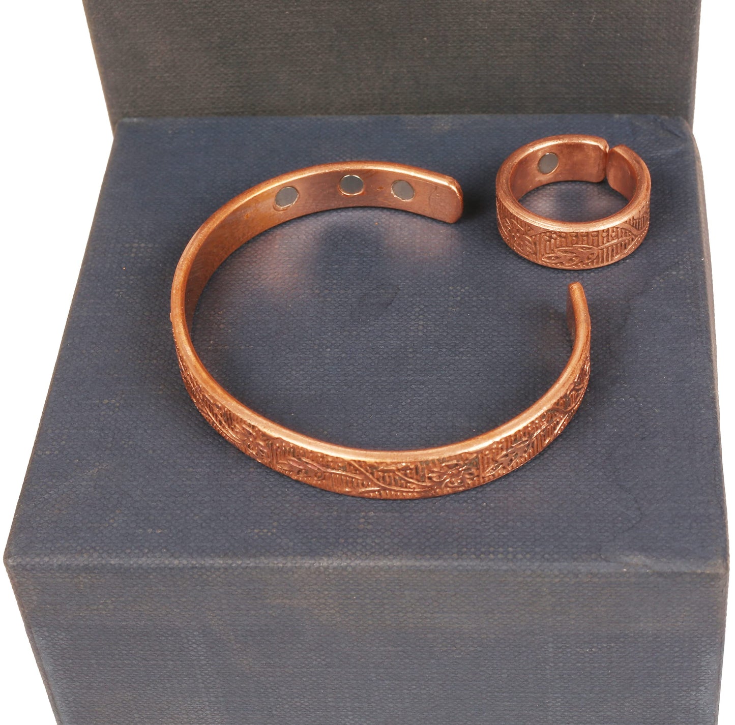 Touchstone Copper Magnetic Hand Forged With Solid And High Gauge Engraved Petals Pattern Minimalistic Elegance Pure Copper Bracelet And Matching Ring In Natural Tone.
