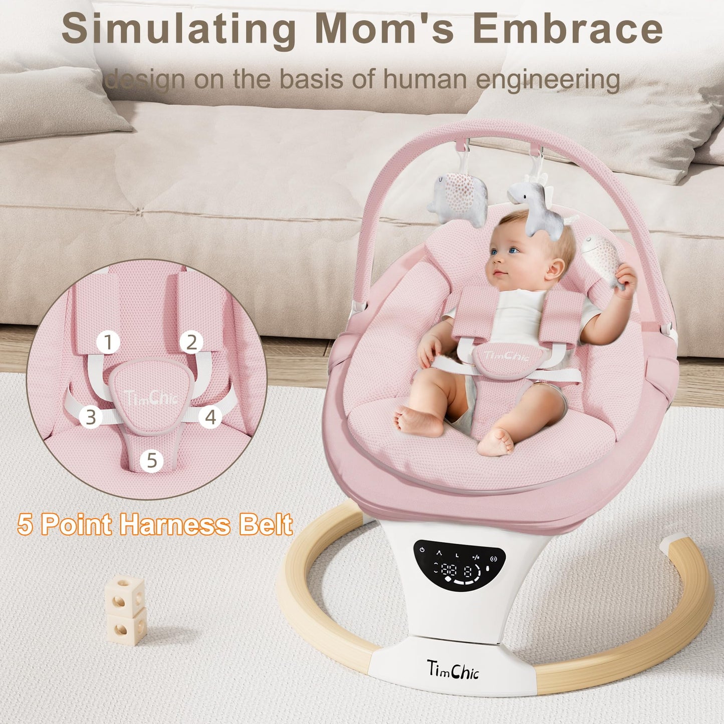 TimChic Baby Swings for Infants, Portable Infant Swing with 5-Speeds, 3-Adjustable Height, 3 Timer & 12 Lullabies, Mutil-Function Electric Swing for Baby, Indoor & Outdoor Use (Pink)