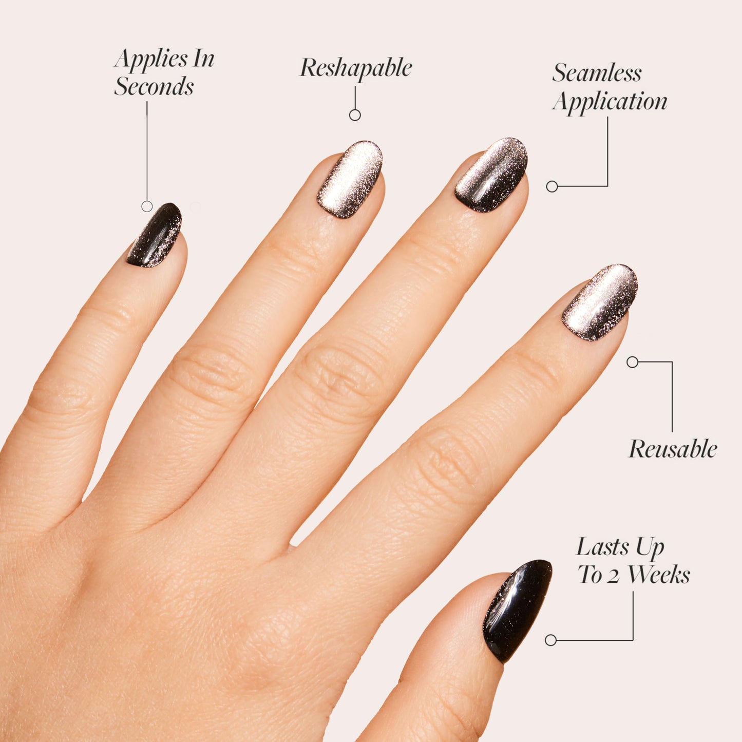 Glamnetic Press On Nails - Galactic | Short Round Gunmetal Pewter Glittered Fake Nails with a Glaze Finish | 12 Sizes - 30 Nail Kit with Glue