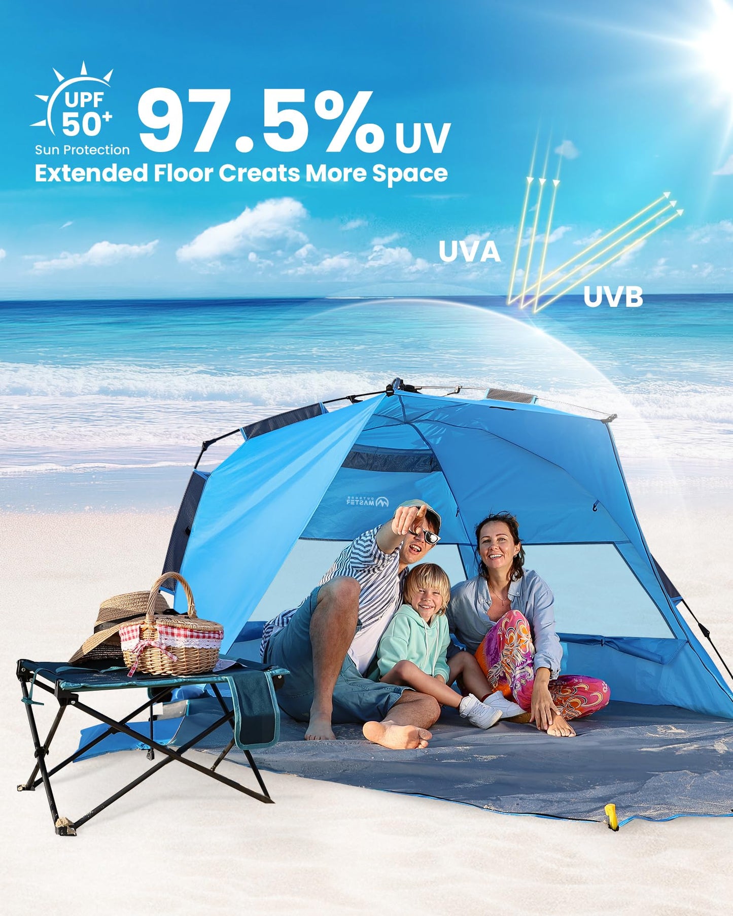 OutdoorMaster Pop Up Beach Tent for 4 Person - Easy Setup and Portable Beach Shade Sun Shelter Canopy with UPF 50+ UV Protection Removable Skylight Family Size - Blue