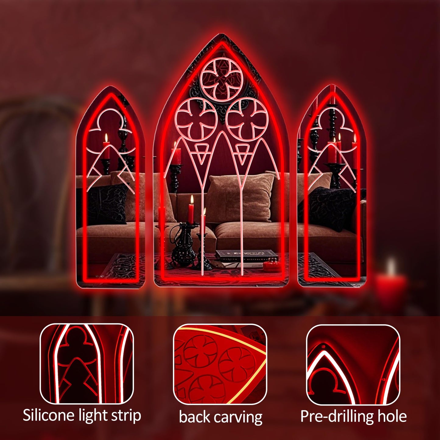 DUOLIYBC Gothic Neon Sign, Medieval Goth LED Mirror Sign Set, Window Mirror Signs for Wall Decor, Gothic Cathedral Decor, Witch Mirrors 20″ × 11.7″