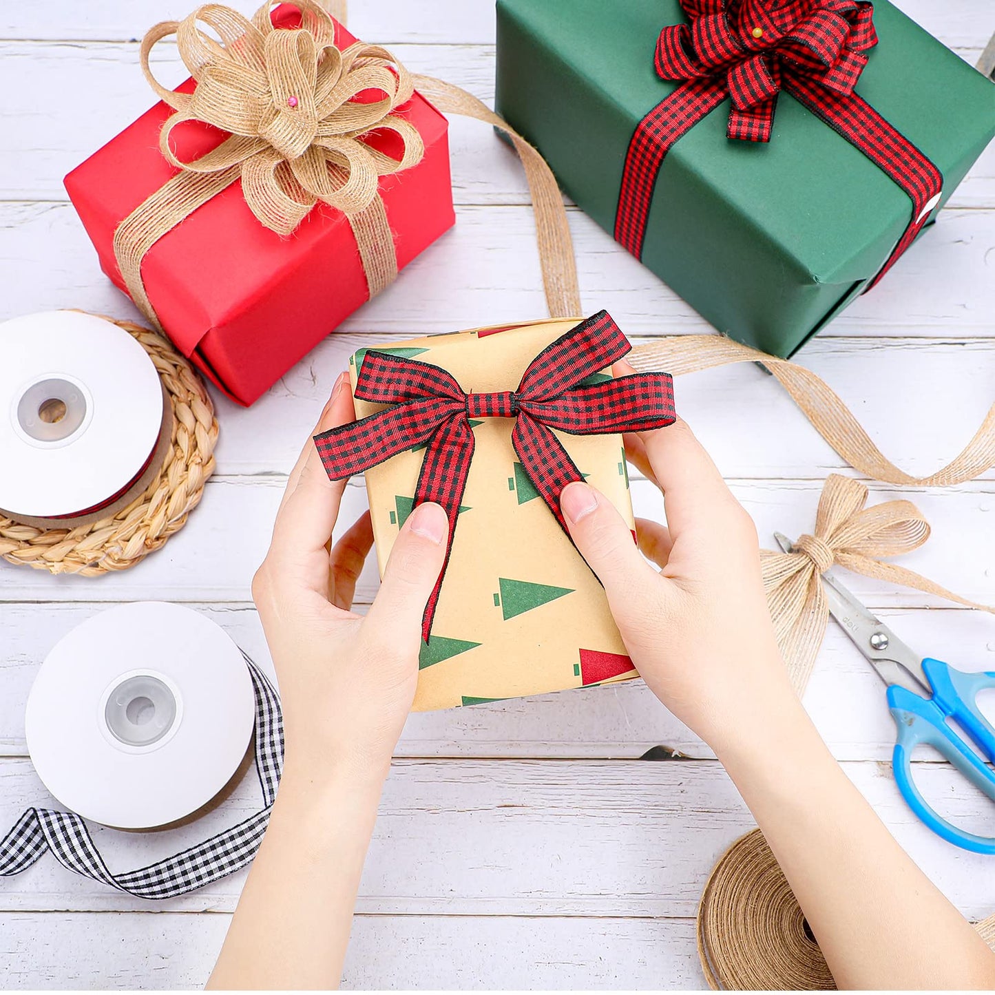 Xinnun 4 Rolls 100 Yards Christmas Ribbons Black Red Buffalo Plaid Fabric Ribbon Black and White Checked Gingham Ribbon Natural Burlap Ribbons Rustic Wrapping for DIY Craft Party Decor(0.6 Inch)