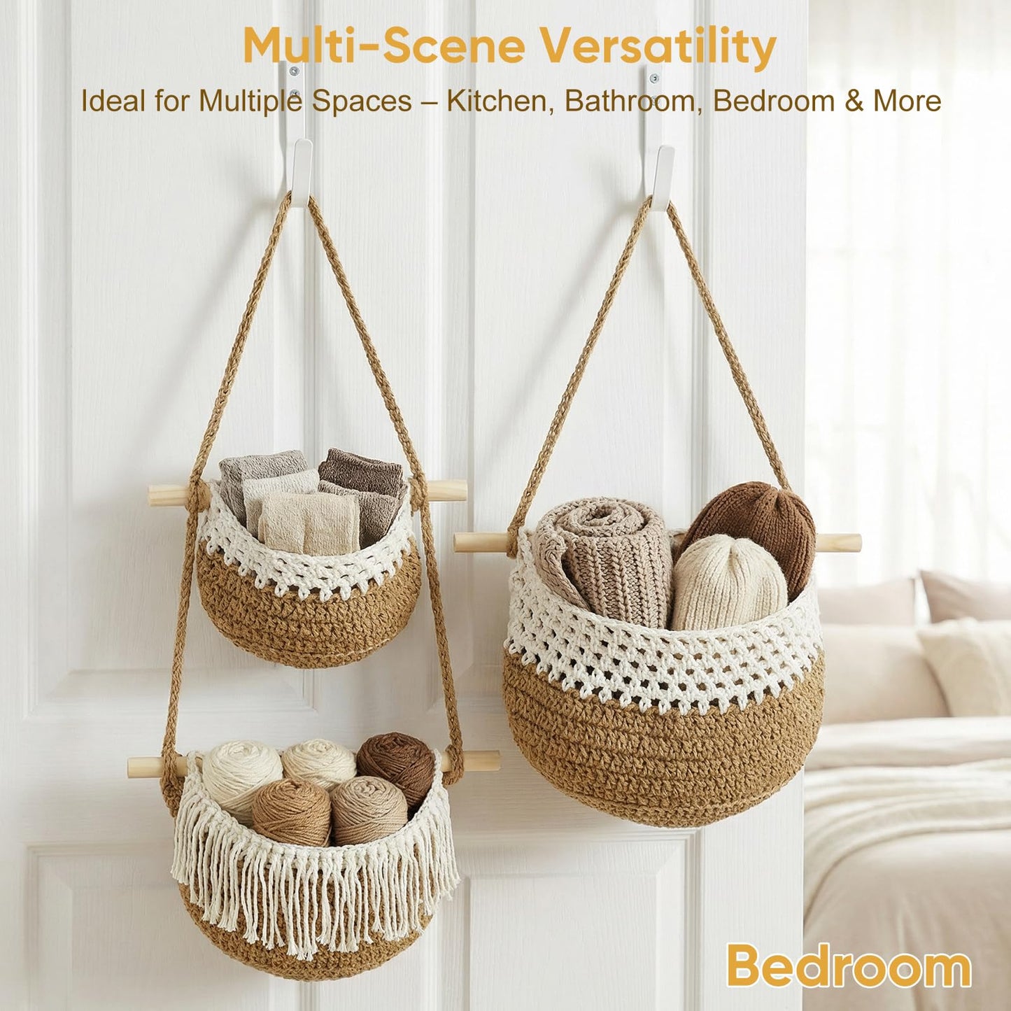 GLDFI Boho Style Handwoven Rope Hanging Basket - 3-Tier Detachable Storage Organizer for Kitchen/Bathroom/Entryway, 3 Included Heavy-Duty Hooks, 7 Color Options Available (Brown)