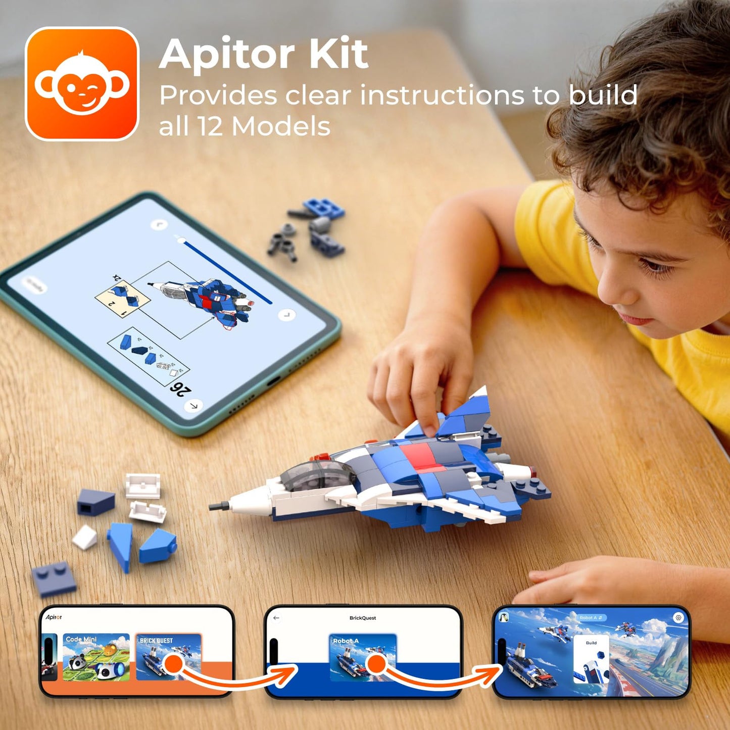 Apitor 12-in-1 STEM Building Blocks Kit for Kids Ages 4-8 | 139 Pcs Creative Construction Toy with Digital App & Paper Manual | Fighter Jet Model Build Robot DIY Activity Toy for Ages 6+ Years