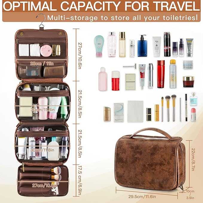 Elviros Hanging Toiletry Bag Removable Travel Bag PU leather Makeup Cosmetic Organizer Kit, Dark Brown