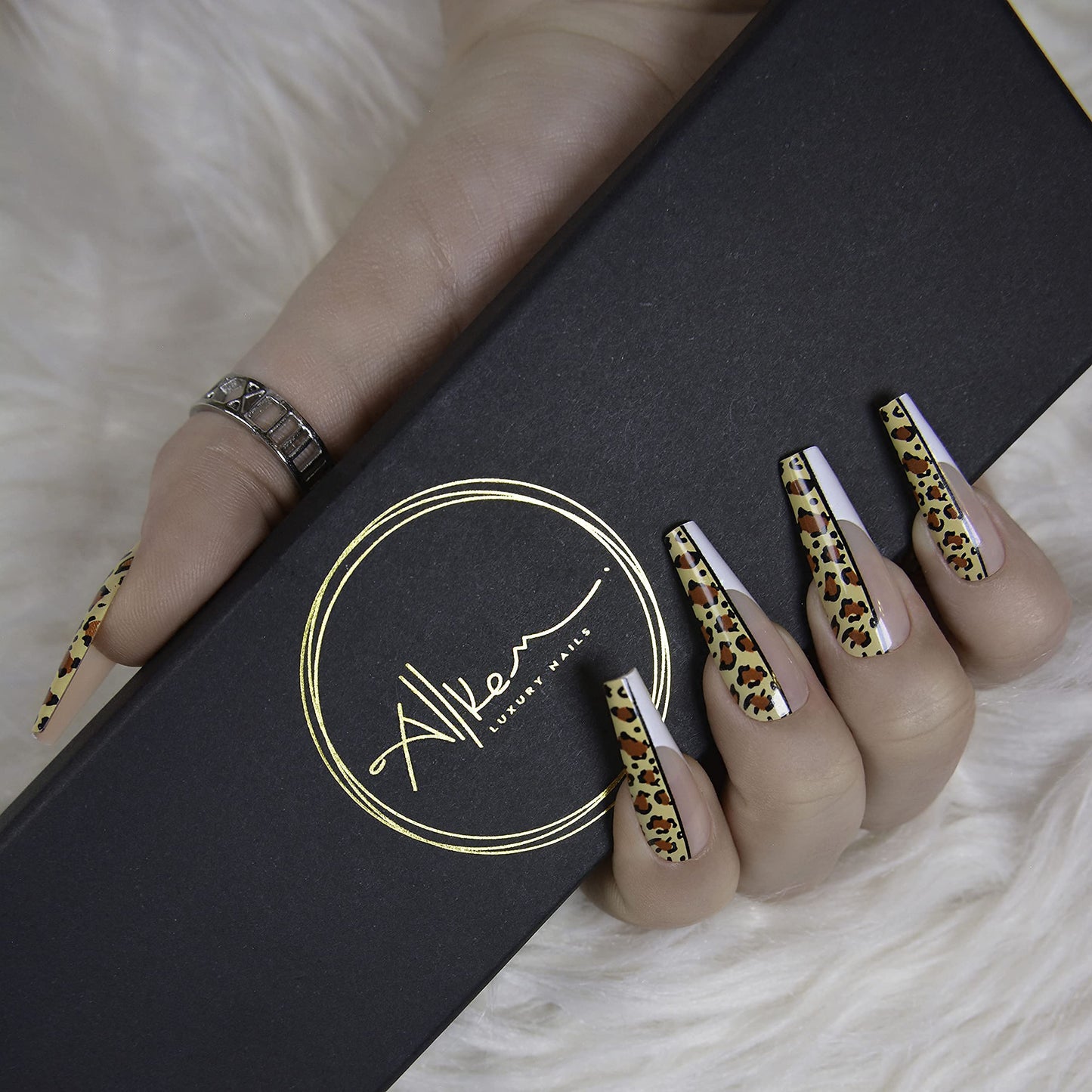 Allkem Leopard Print Ballerina Press on Nails | Glossy Extra Long Coffin| 10 sizes - 20 pcs Nail kit with Glue