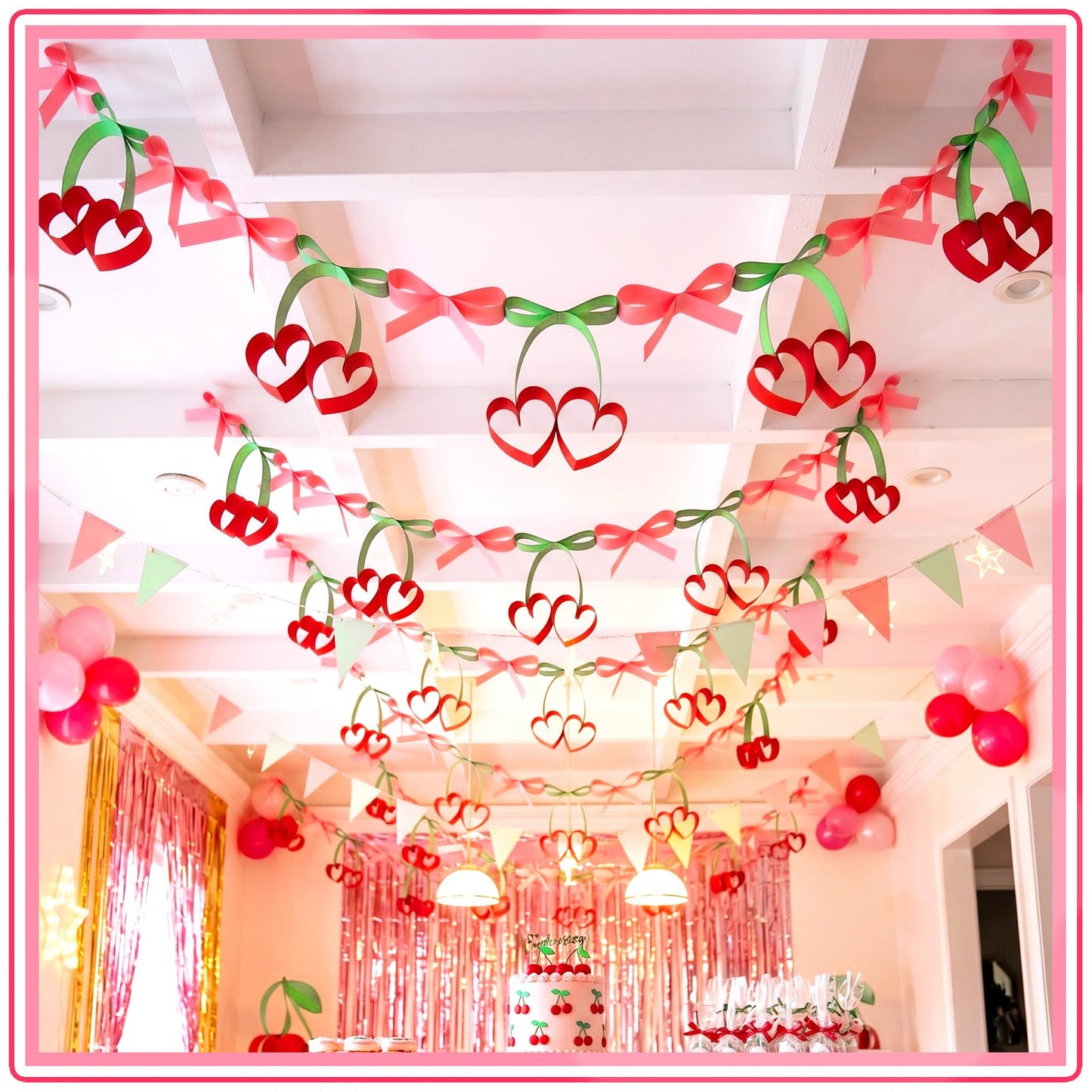 Gueevin 300 Sheets Cherry Party Paper Chain Strips Decorations Paper About 41 Feet in Total with 1 Roll Double Sided Tape DIY Cherry and Bow Hanging Banner for Baby Shower Bridal Bachelorette Wedding