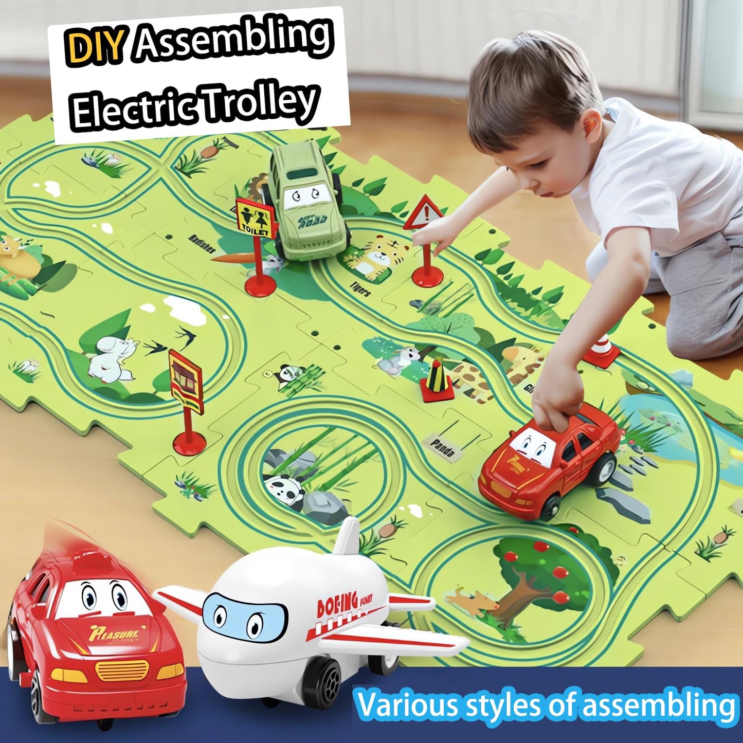 Ubegger Puzzle Racer Kids Car Track Set Educational Puzzle Track Car Play Set Rail Car Puzzle with Battery-Operated Toy Vehicle & Puzzle Board for Kids Ages 3+ (5PCS, 4 Style)
