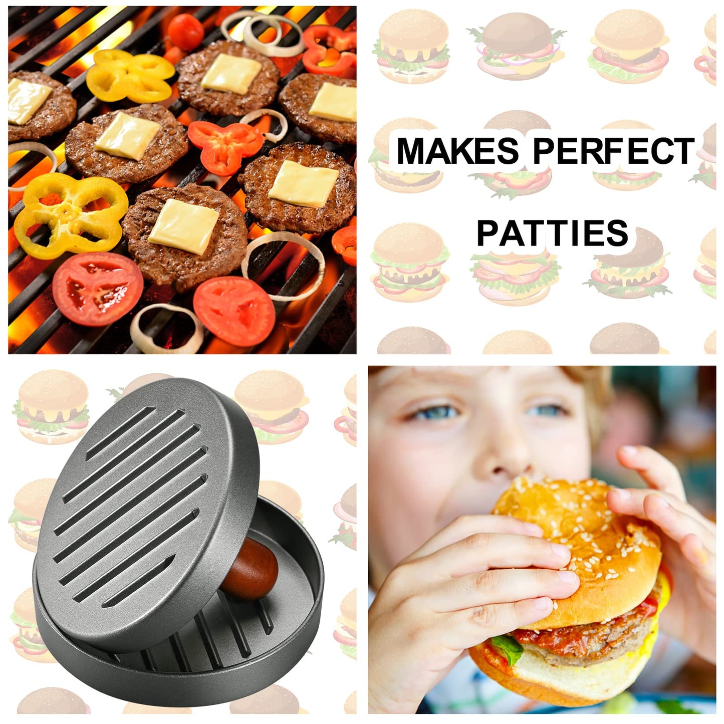 PIQUEBAR Burger Press Patty Maker Stainless Steel Hamburger Patty Press Mold Wood Handle Non-Stick with 100 Patty Papers
