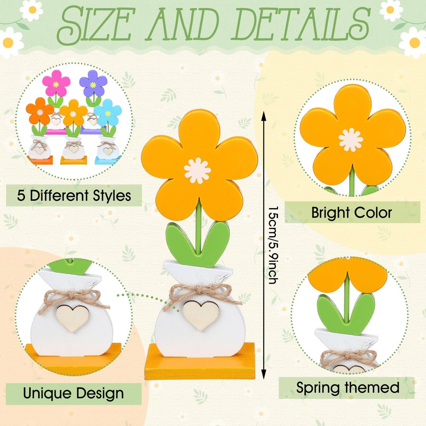 Yerliker 5 Pcs Spring Decorations Flower Butterfly Tiered Tray Wood Table Signs Rustic Table Centerpieces Spring Shelf Sitter Decor Farmhouse for Home Housewarming DIY Craft(Flower)