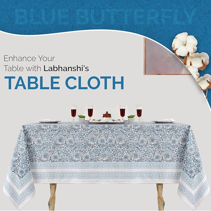 Labhanshi Indian Handblock Print Table Cloth|Cotton Floral 60x90 Inch Rectangle 6-Seater Patio Table Cover for Event, Wedding, Banquet & Parties|Washable Spring Easter Home Decor|Blue Butterfly