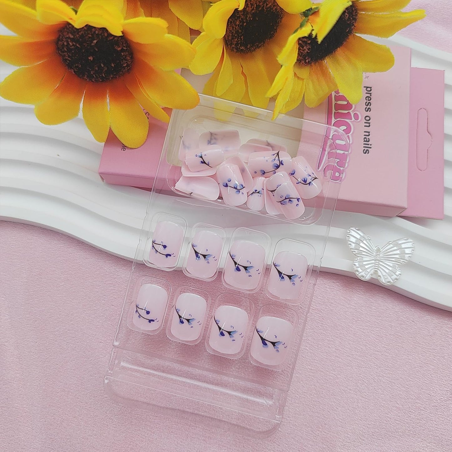 Short Press Cute Acrylic Nails - Glossy Glue on False Nails with Blue Floral Bud Designs - 24 Pcs