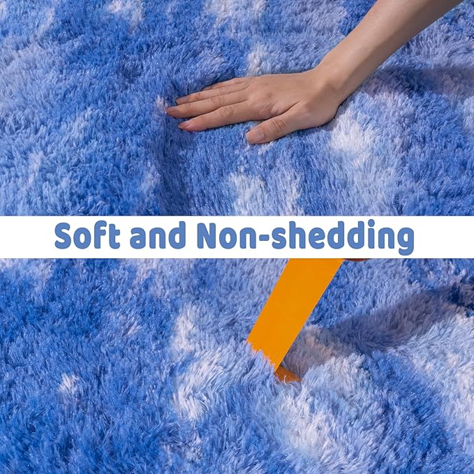 Soft Runner Rugs for Bedroom Hallways, 2x5 Abstract Blue White Fluffy Shag Throw Area Rug Non Slip for Bedside Dorm, Long Shaggy Furry Carpet for Nursery Living Room