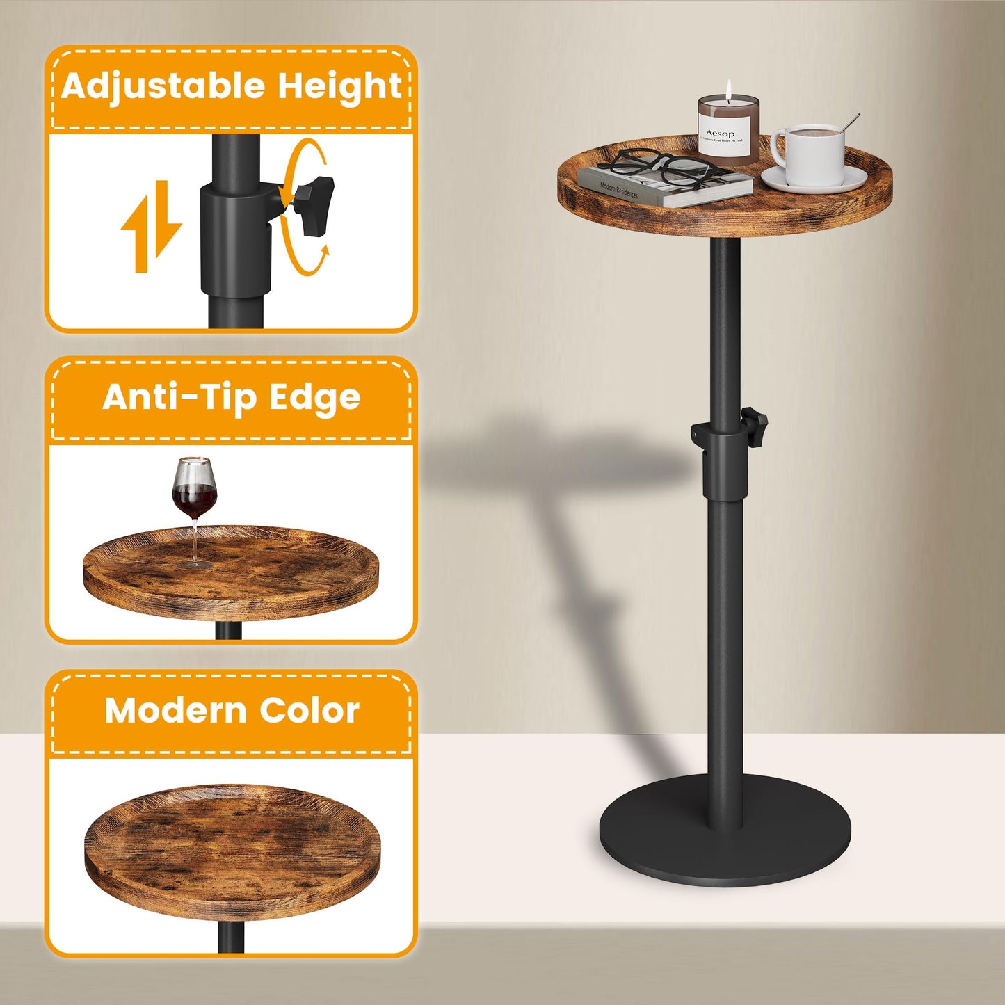 Homeiju Adjustable Round Side Table, Pedestal End Table for Small Spaces, Wooden Couch Table, Tall Drink Table for Living Room, Bedroom, Patio, Brown