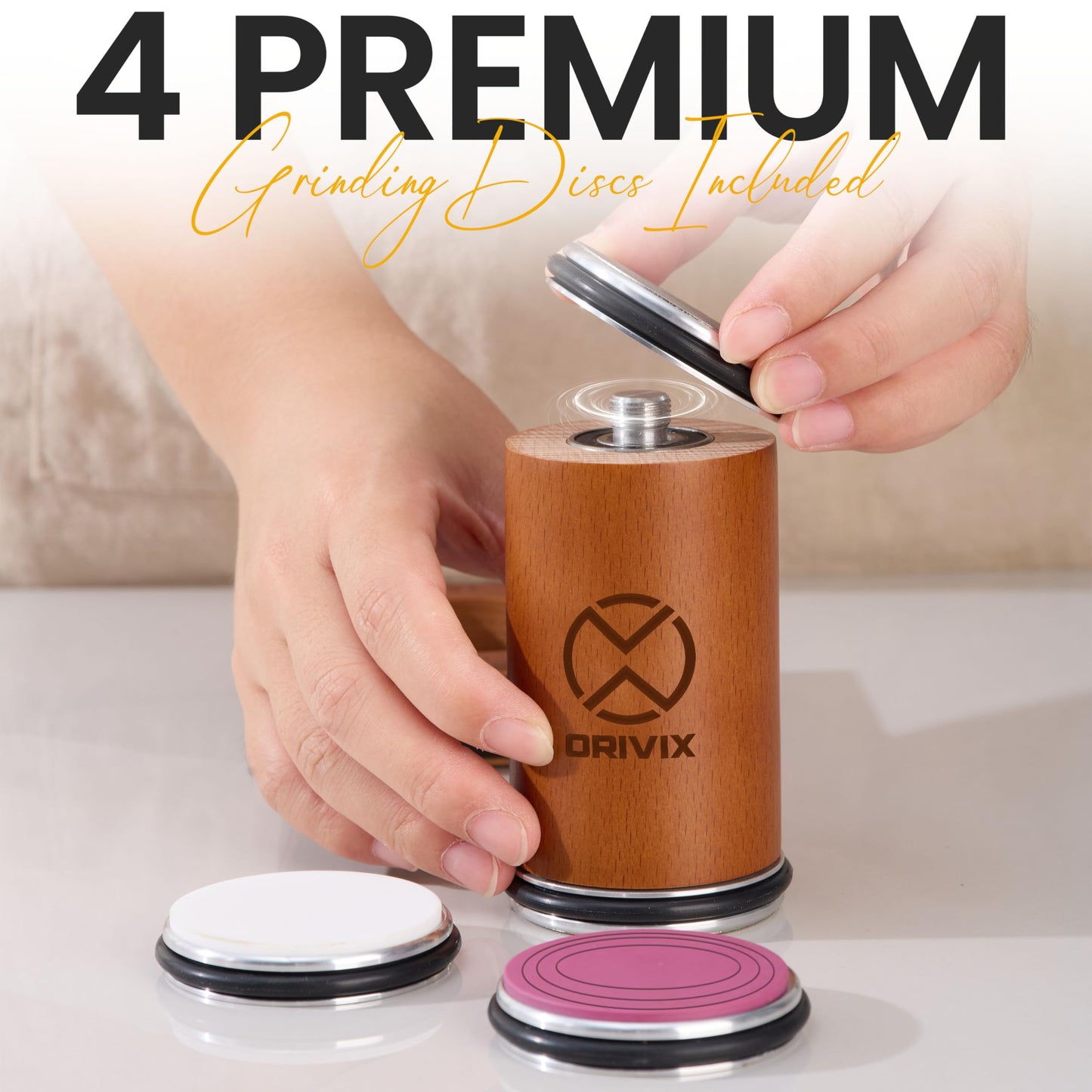 Orivix Rolling Knife Sharpener Kit – Magnetic 4-Angle Base, 3.86 Inches Longer Wooden Roller, 4 Grit Discs (1000/400 Diamond & 3000 Maroon / 6000 White Ceramic) and Leather Strop