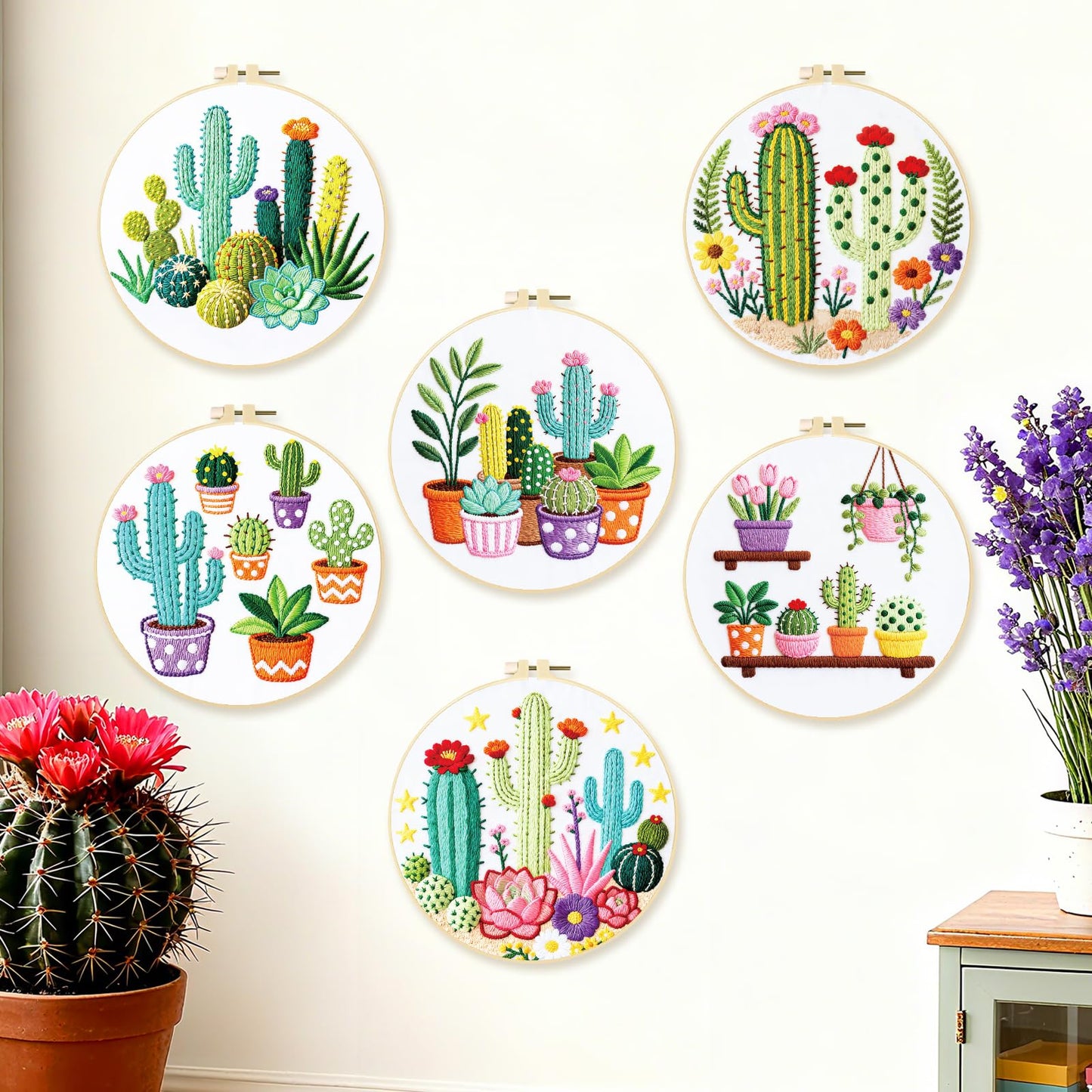 BEUNITONE Cactus Embroidery Kit for Beginners, 6PC Succulent Plant Themed Needlepoint Kits for Adults with Hoops, Threads, Needles, Instructions and Full Kits, DIY Home Decor Craft Gift for Adults