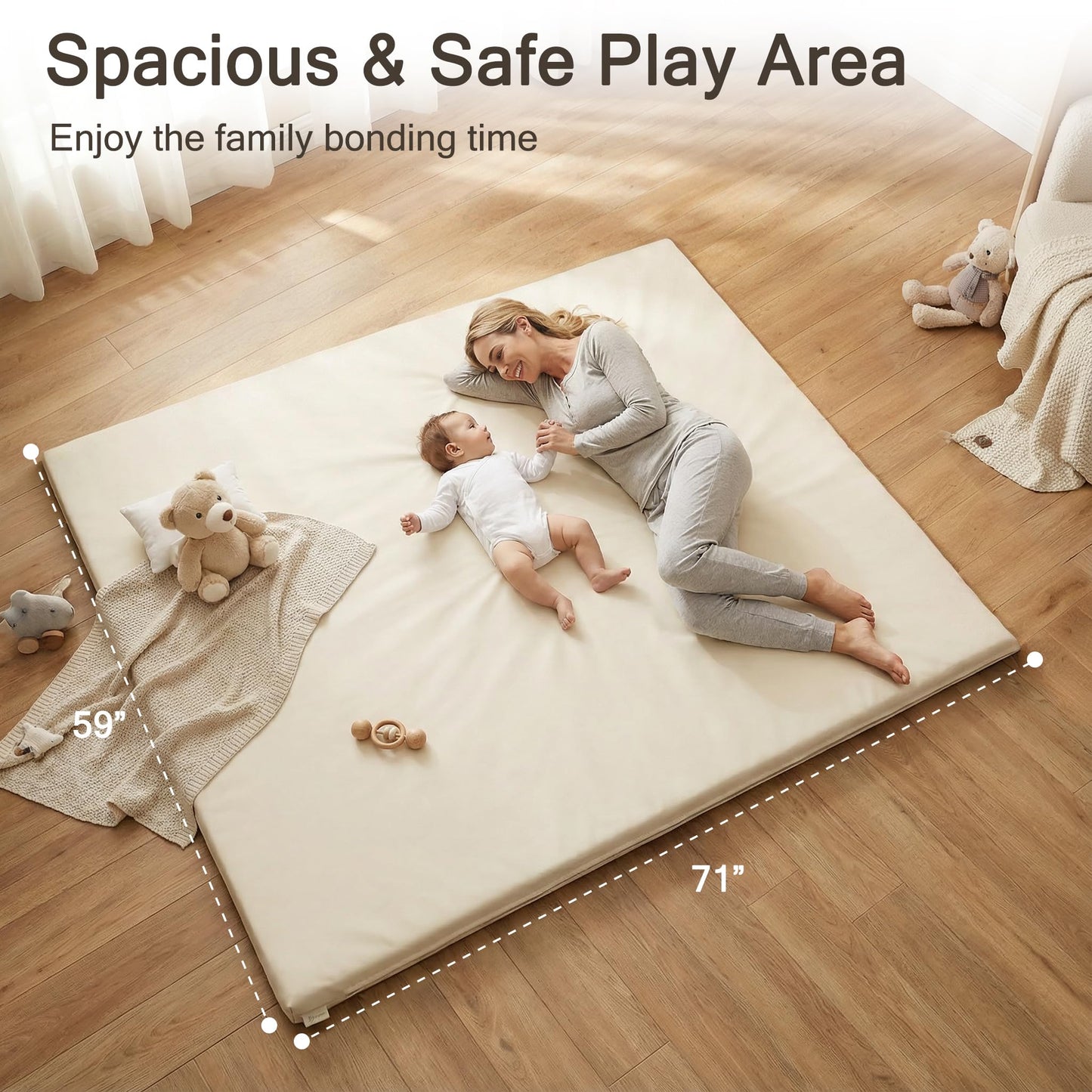 Funyoo Vegan Leather Baby Play Mat, 71x59 Thicken Foam Play Mat for Infants and Toddlers, Padded & Cushioned Playpen Mat for 71x59 Playpens, 1.2" Thick, Cream