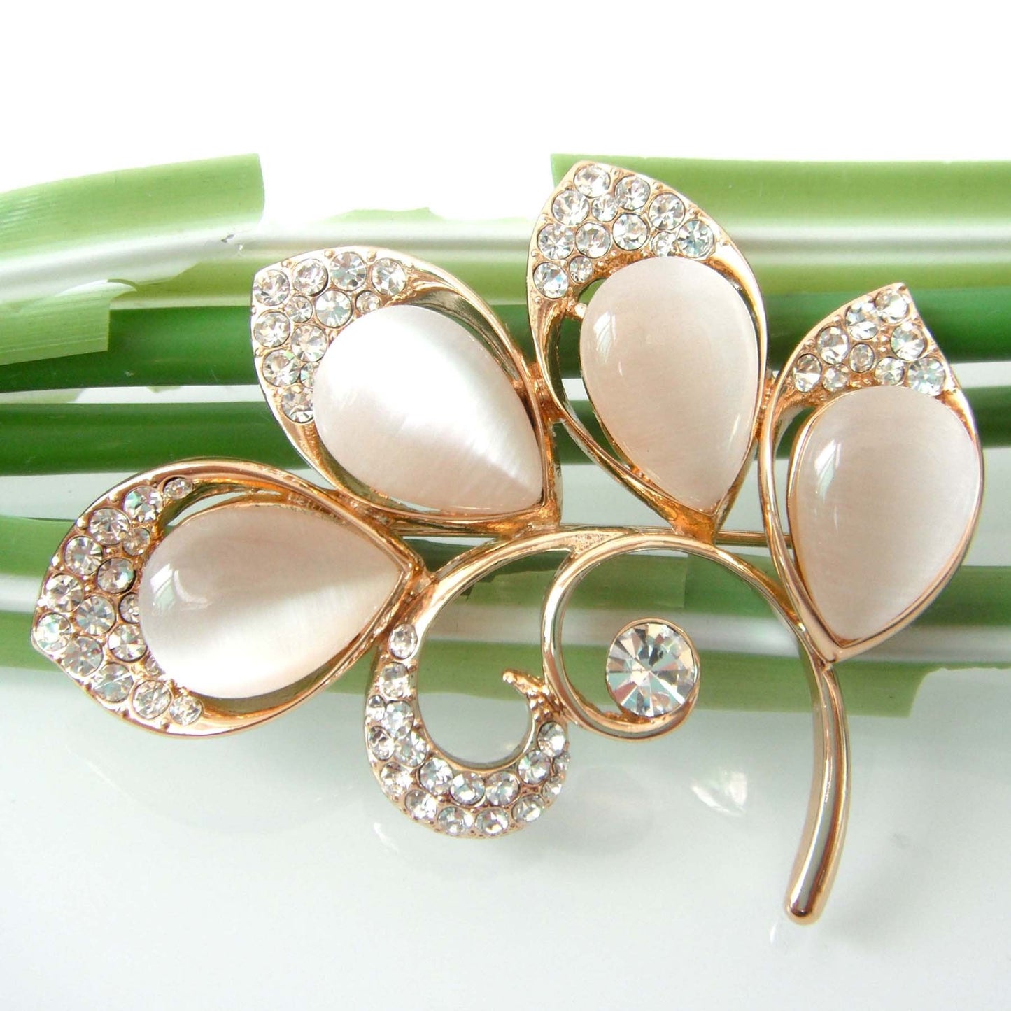 Navachi 18k Gold Plated White Created-Opal Crystal Branches Leaves Brooch Pin