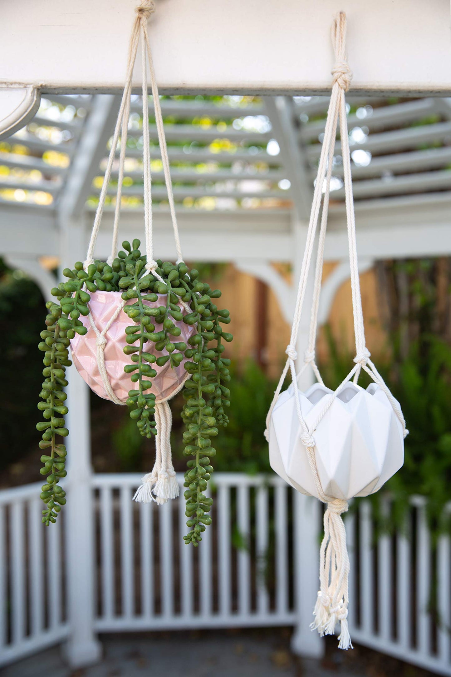 Flora Bunda Hanging Planter for Succulent 5" Ceramic Macrame Matte White