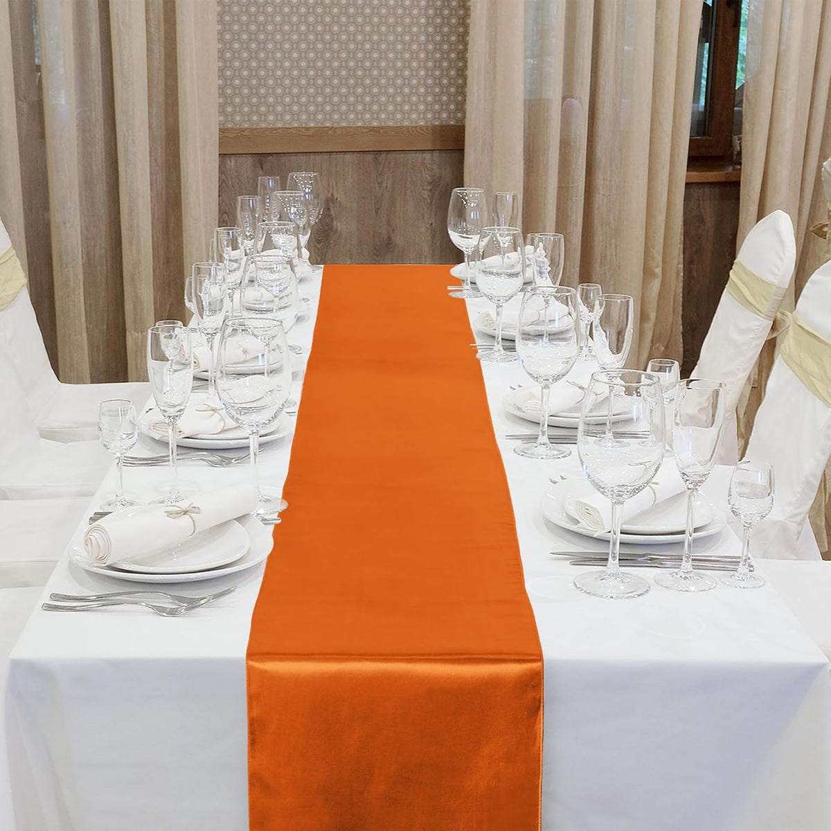 Aneco 12 Pack Satin Table Runner 12 x 108 Inch Orange Long Wedding Satin Silk Table Runner for Wedding Banquet Graduations Birthday Party Decoration