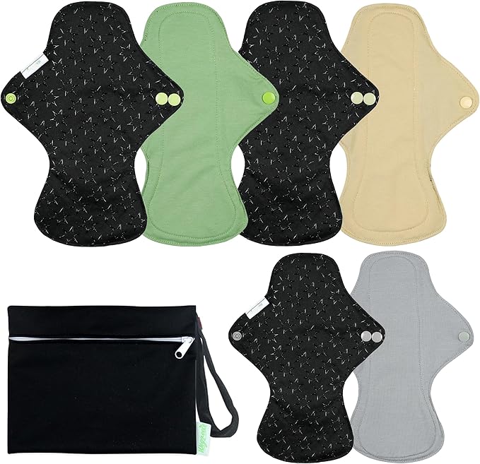 wegreeco 6 Pcs Reusable Menstrual Pads, Ultra Absorbent Cloth Pads for Heavy Flow, Sanitary for Teens, Women, Nonslip Panty Liners + Bag (Mustard Yellow, Grey, Beige, L)