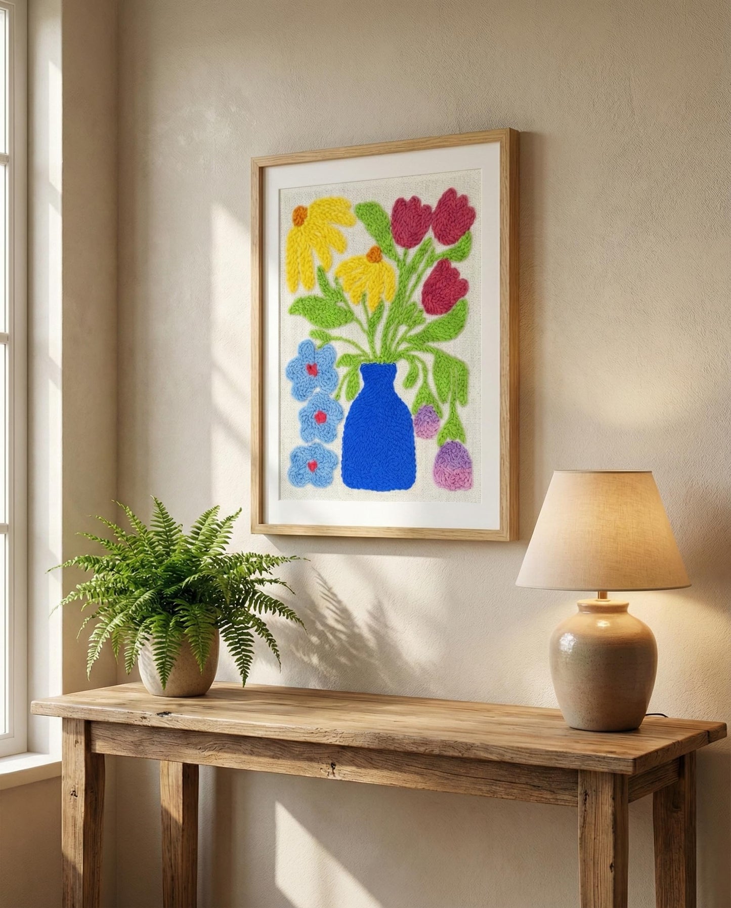 AceList 16" Punch Needle Kit with Wood Display Frame for Adults Beginners, Complete Rug Hooking Set with Adjustable Hoop, 30% Extra Yarn & Pattern Fabric, DIY Home Wall Decor Gift (Flower Vase)