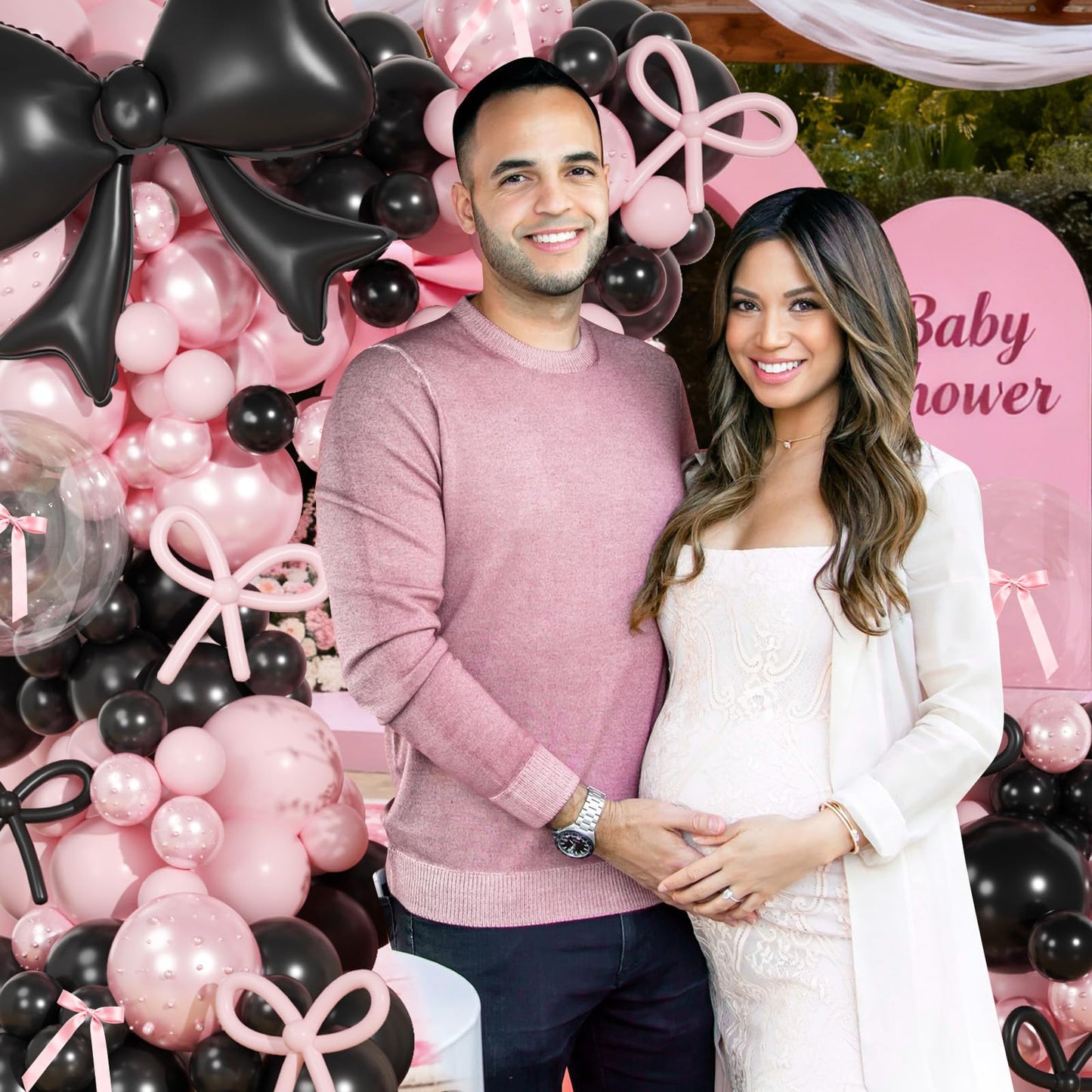 Pink and Black Balloons Arch Kit,189Pcs Pink and Black Birthday Party Decorations with Bow Foil Double Stuffed Pearl Pink Balloons Ribbon Pearl Stickers for Birthday Bachelor Bridal Baby Shower