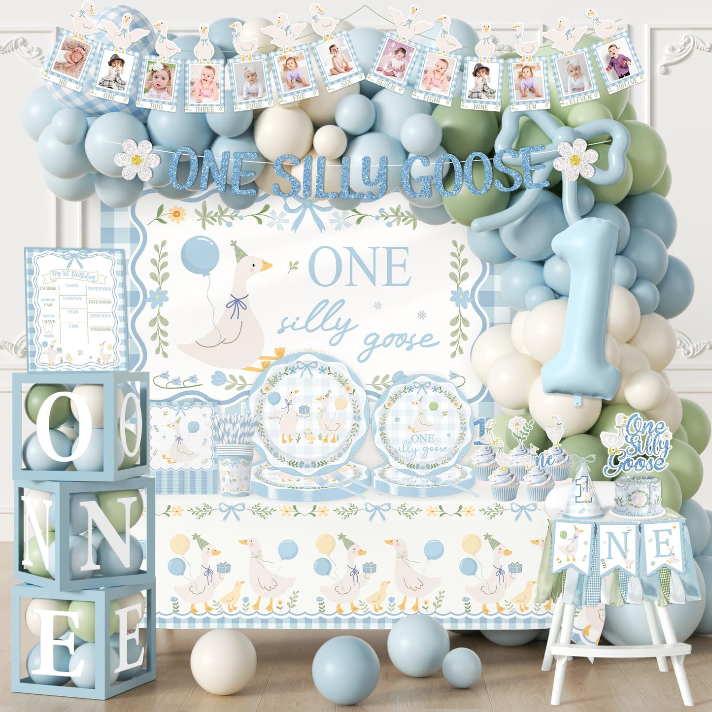 One Silly Goose Birthday Decor Boy, 270Pcs Blue Silly Goose First Birthday Decorations Kit include One Silly Goose Banner,Backdrop,Balloon Arch,Boxes,High Chair Banner,Bow Cupcake Toppers,Tableware