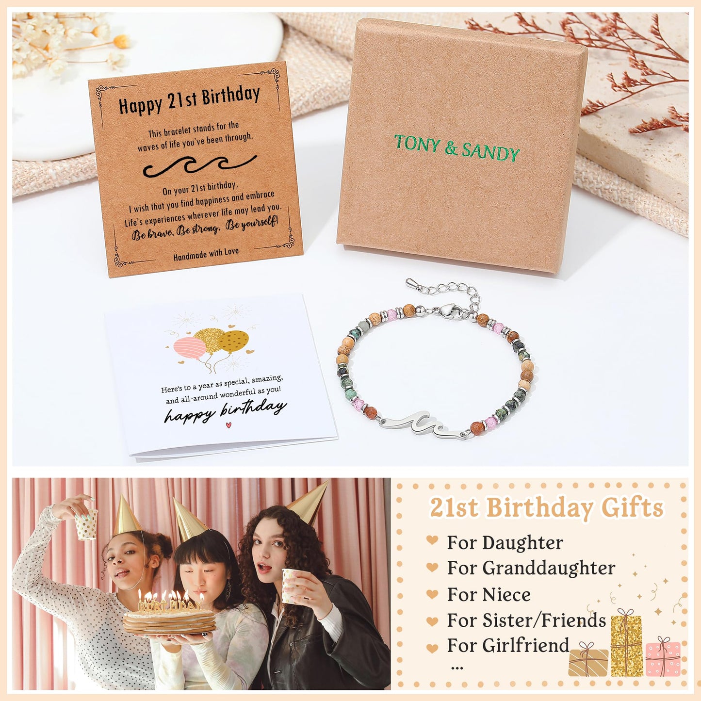 TONY & SANDY 21st Birthday Gift for Her, 21st Birthday Decorations Wave Bracelets for Women, 21 Year Old Bday Gift for Her, Turning 21 Bday Party Favors Daughter Sister Friends Bestie