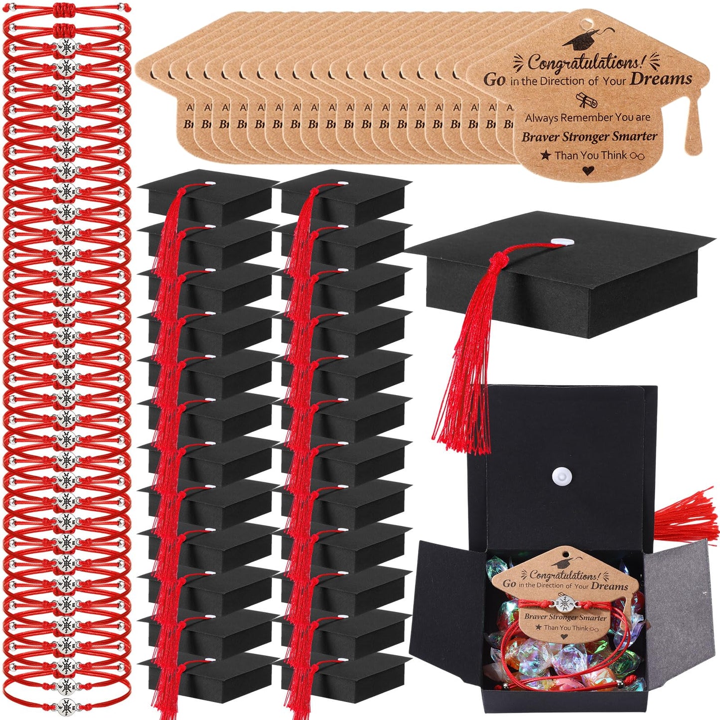 Kenning 30 Sets 2026 Graduation Gifts Bulk Include 30 Compass Bracelets 30 Graduation Cap Boxes with Tassel 30 Congratulation Cards 30 Keychains Party Supplies for Him Her College High School(Red)