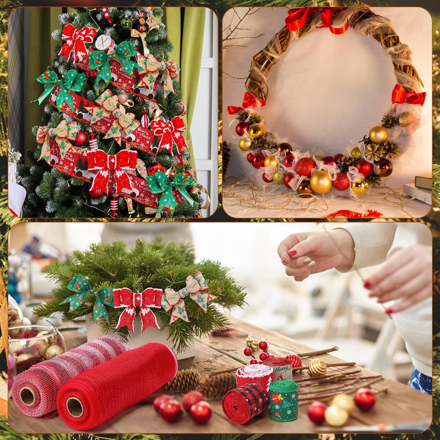 Woanger 10 Rolls Christmas Ribbon Include 5 Roll Wreath Mesh Ribbon Decor 5 Roll Christmas Wired Ribbon Stripe Rolls Metallic Poly Red Green White Decoration Ribbon for DIY Wrapping Craft Wreath Party