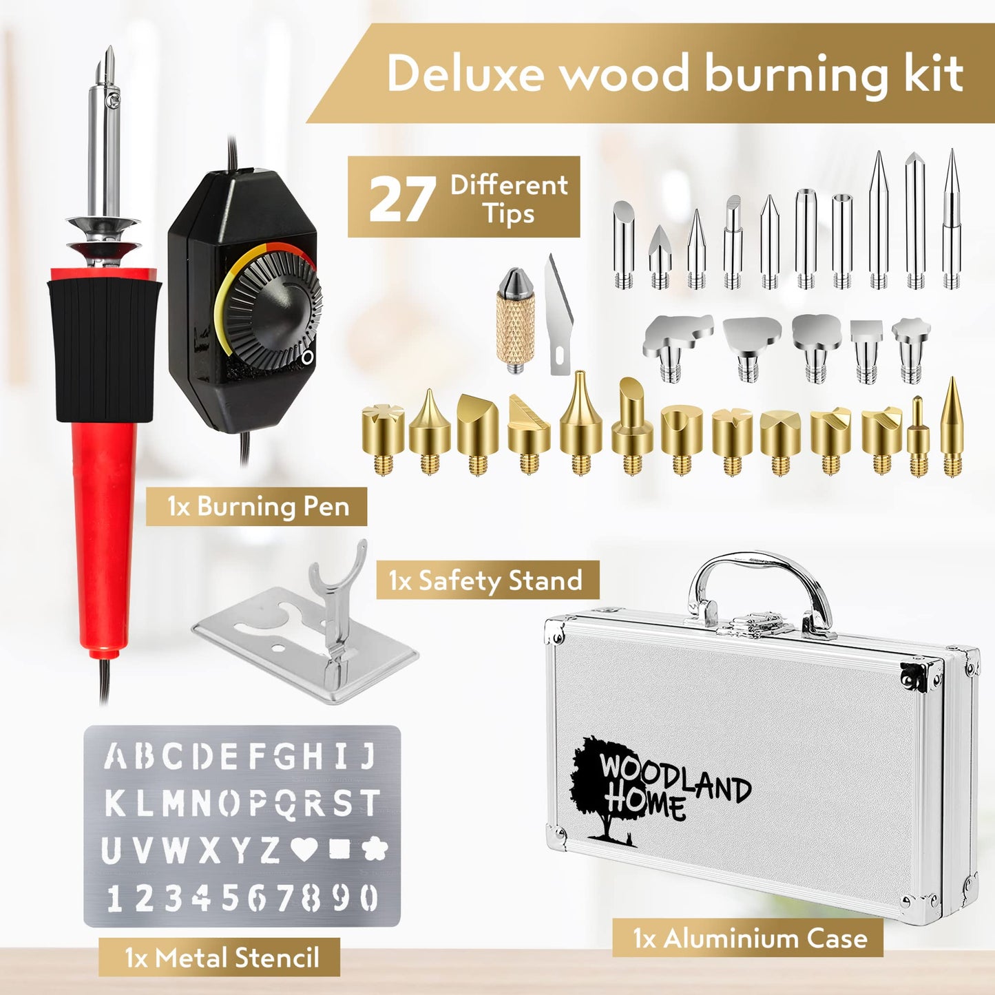 Woodland Home Professional Wood Burning Kit with Letters - Pyrography Pen Fully Adjustable Temperature With safety Stand - 27 Tips with Cutting Blade, Stencils and Deluxe Case
