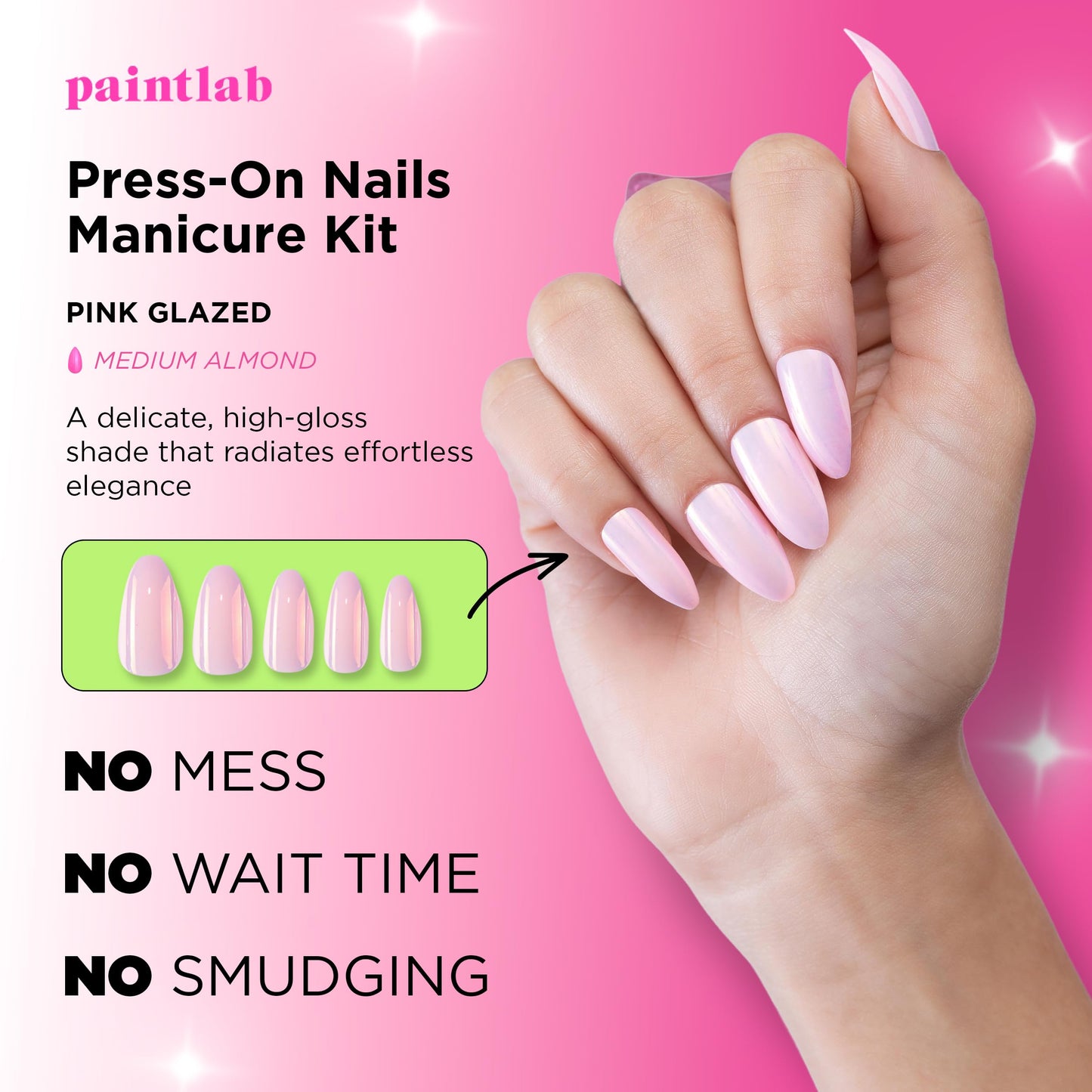PaintLab Press On Nails - Cotton Candy Pink Chrome Almond Fake Nails, 30 Nails in 15 Sizes with Glue, Reusable Salon Quality Press On Nails