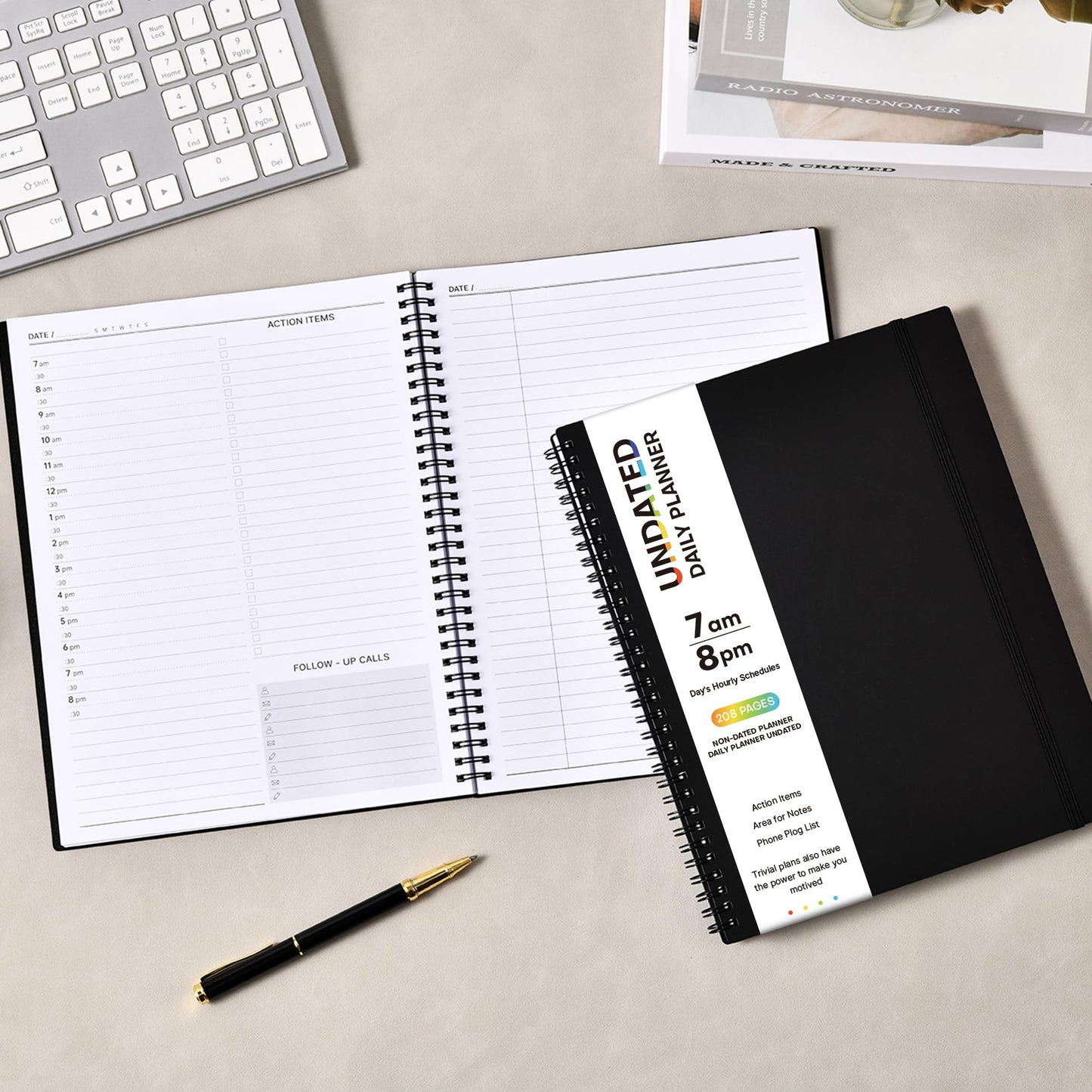 Daily Planner Undated - Spiral Appointment Planners, 208 Pages, 8.8" x 11", Daily Planner with Hourly Schedules, Appointment Book for Man/Women, Inner Pocket, Elastic Closure