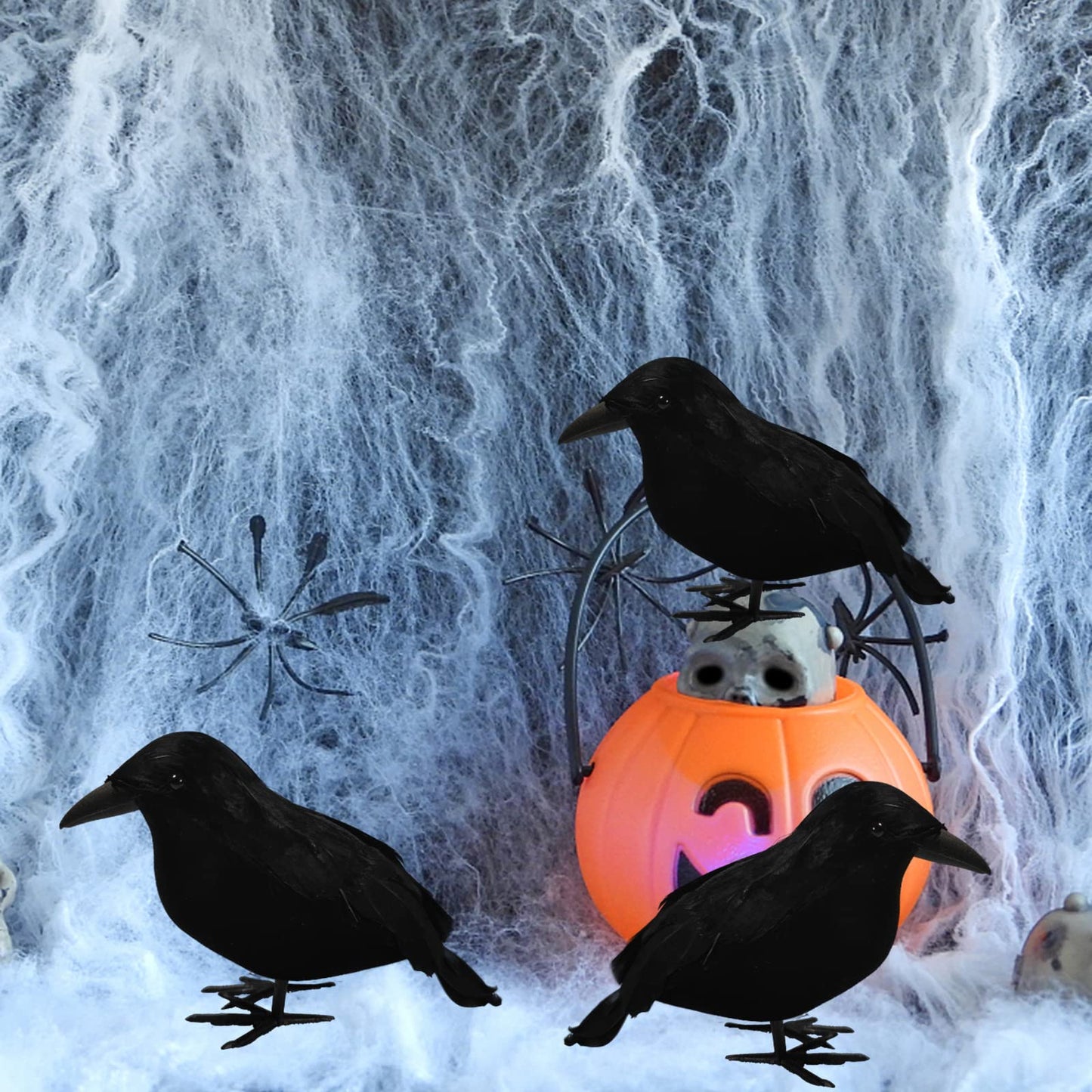 Wakdiz Halloween Realistic Black Crows 6 Pieces Handmade Feathered Crow Ravens, Fake Black Birds Prop Stand Crows for Halloween Outdoors and Indoors Crow Decoration