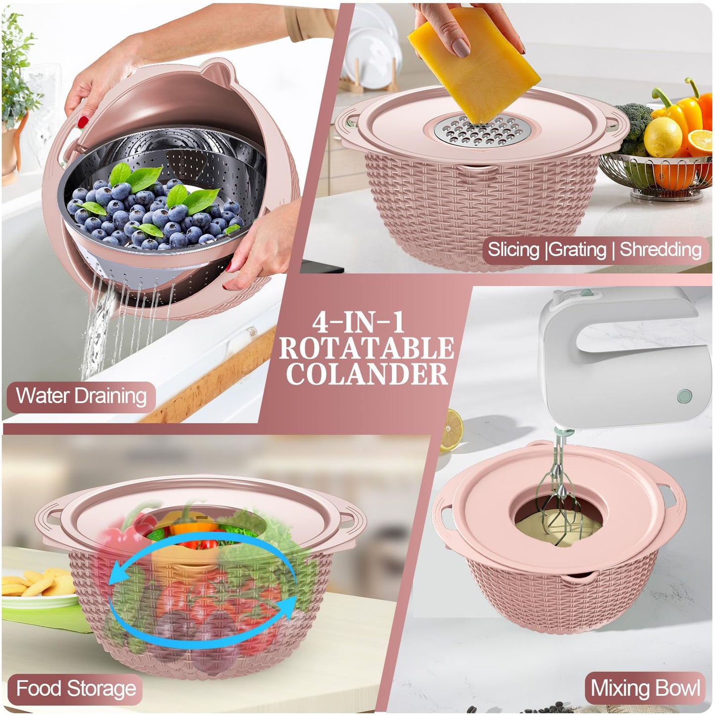4-1 Strainer Bowl with Lid Set - Strainers and Colanders, Colander for Kitchen, Pasta Strainer, Fruit Cleaner, Veggie Wash, Funny Kitchen Present, Fruit Washing Bowl, Cooking Present for Women - Pink