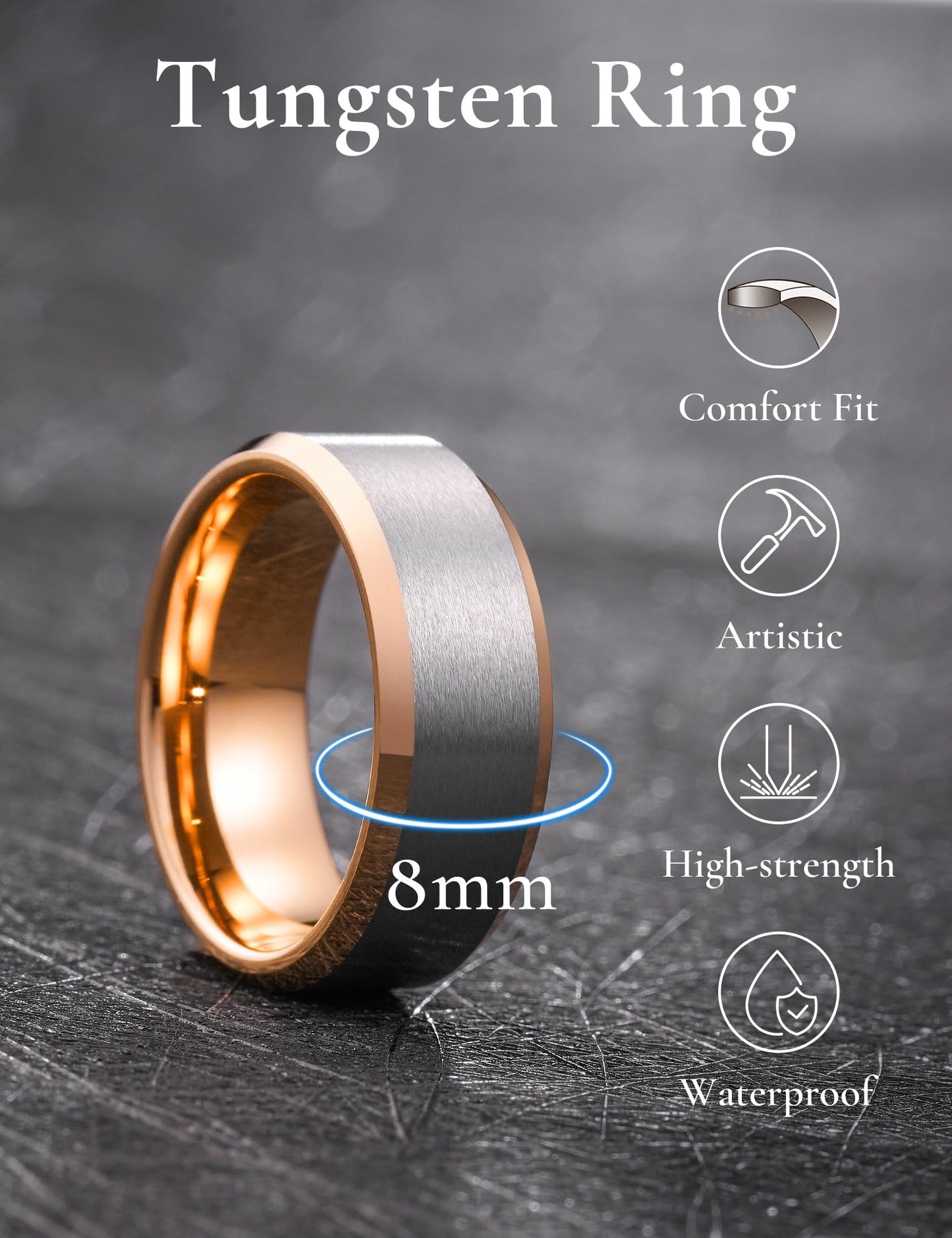 King Will 8mm Classic Tungsten Rings for Men Two-Tone Mens Wedding Bands Simple Engagement Promise Ring Matte Brushed Beveled Edges Comfit Fit Durable, Silver & Rose Gold Plated Size 14